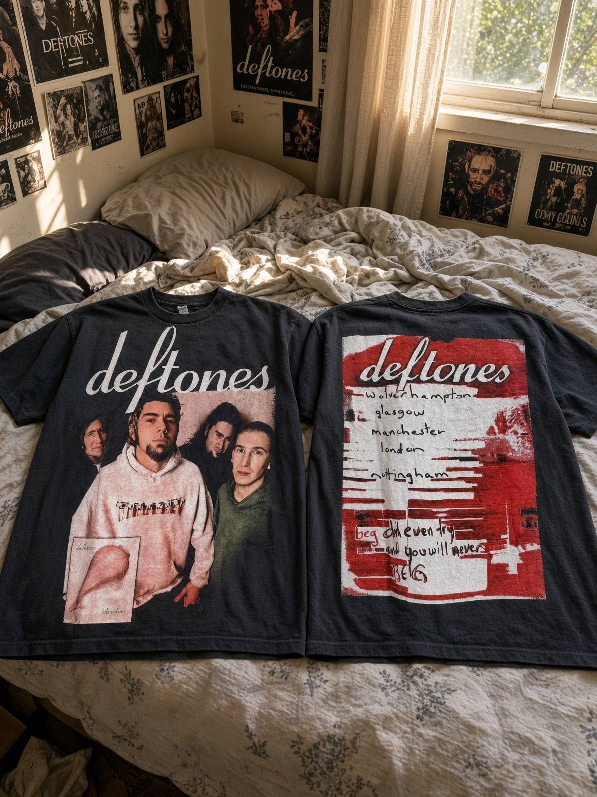 Deftones UK Adrenaline vintage band t-shirt on bed