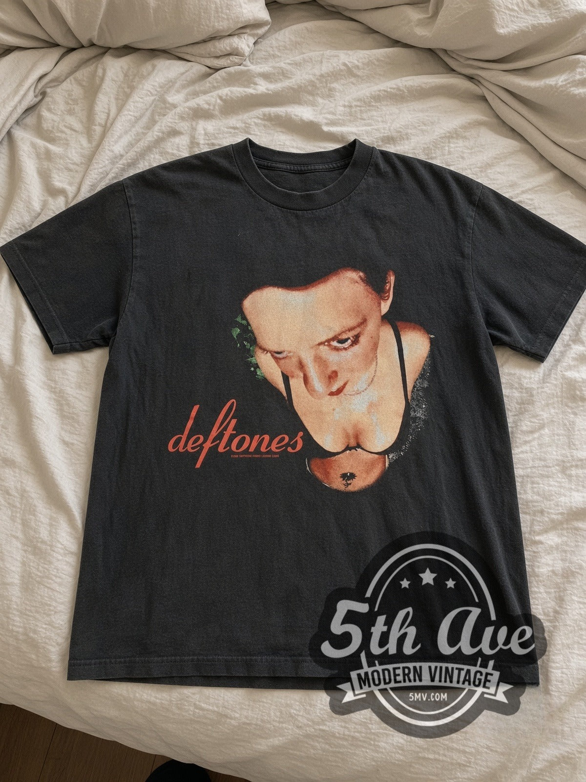 Deftones Woman Face Red Script vintage band tee laid flat
