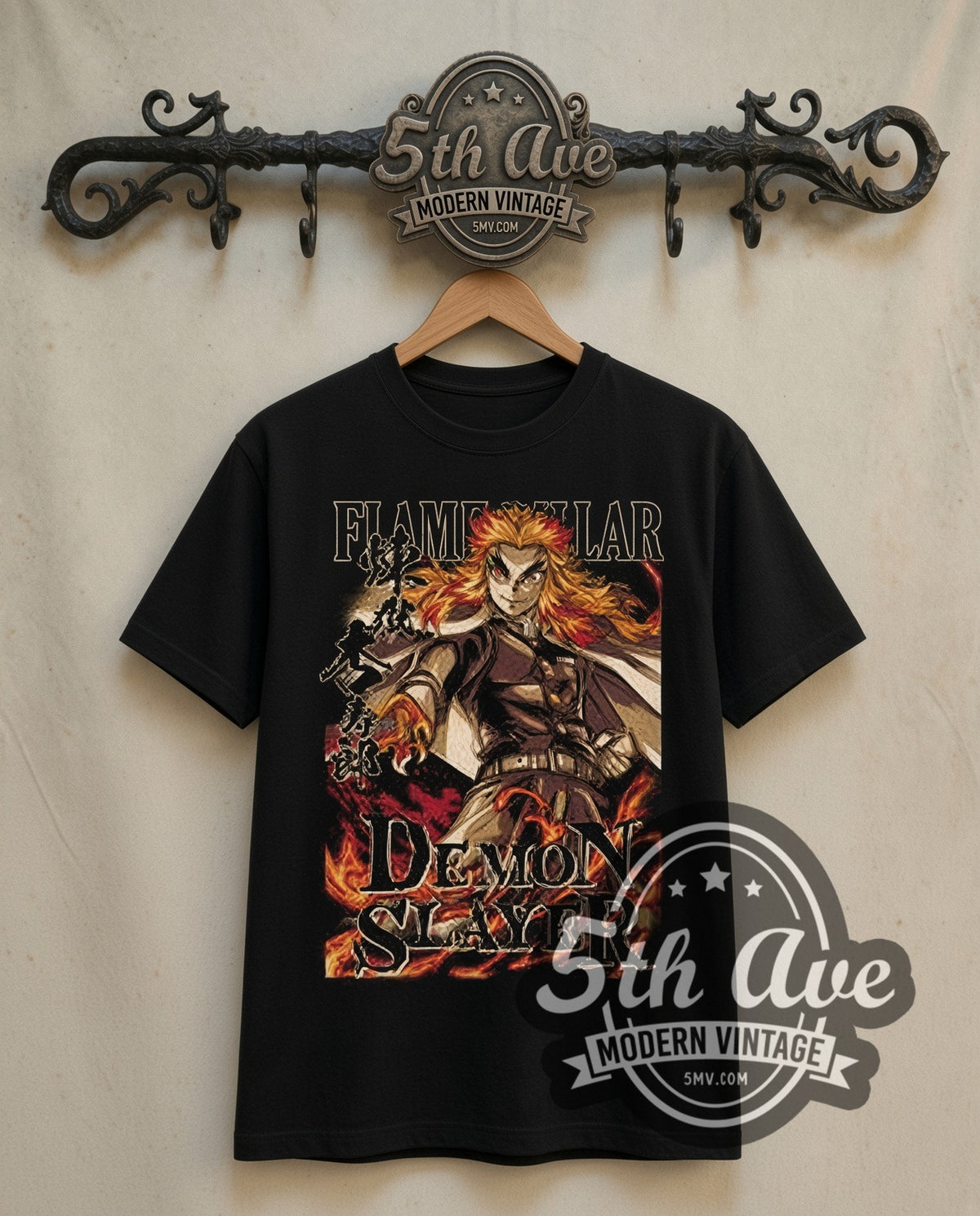 Demon Slayer Rengoku Flame Hashira double stitched black tee front on dark iron 5th Ave rack