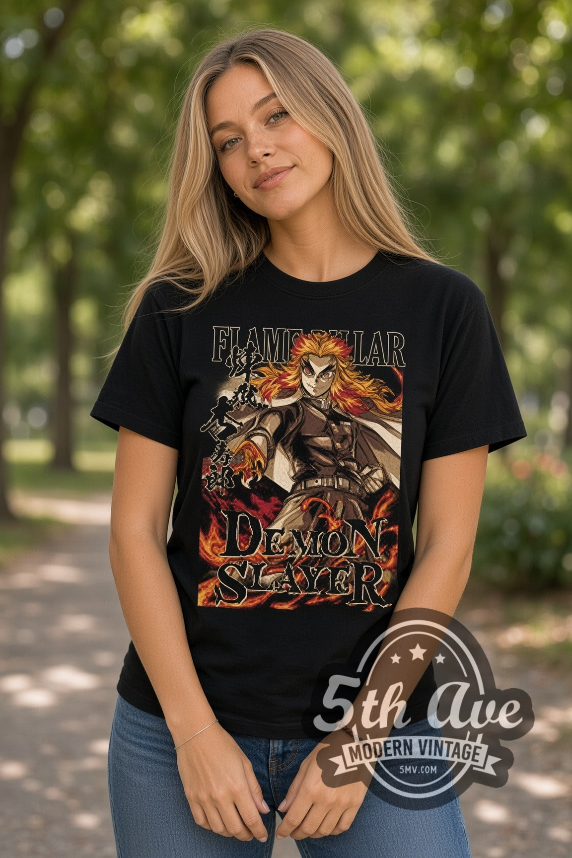 Woman wearing Demon Slayer Rengoku Flame Hashira double stitched black graphic tee