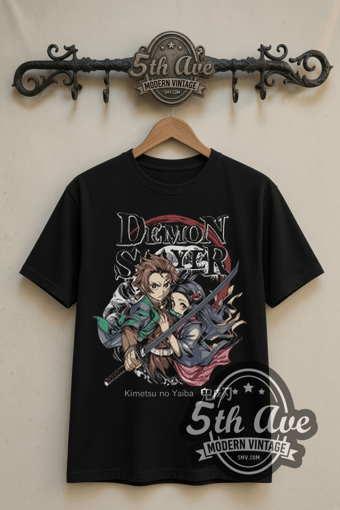 Demon Slayer Tanjiro and Nezuko double stitched black tee front on dark iron 5th Ave rack