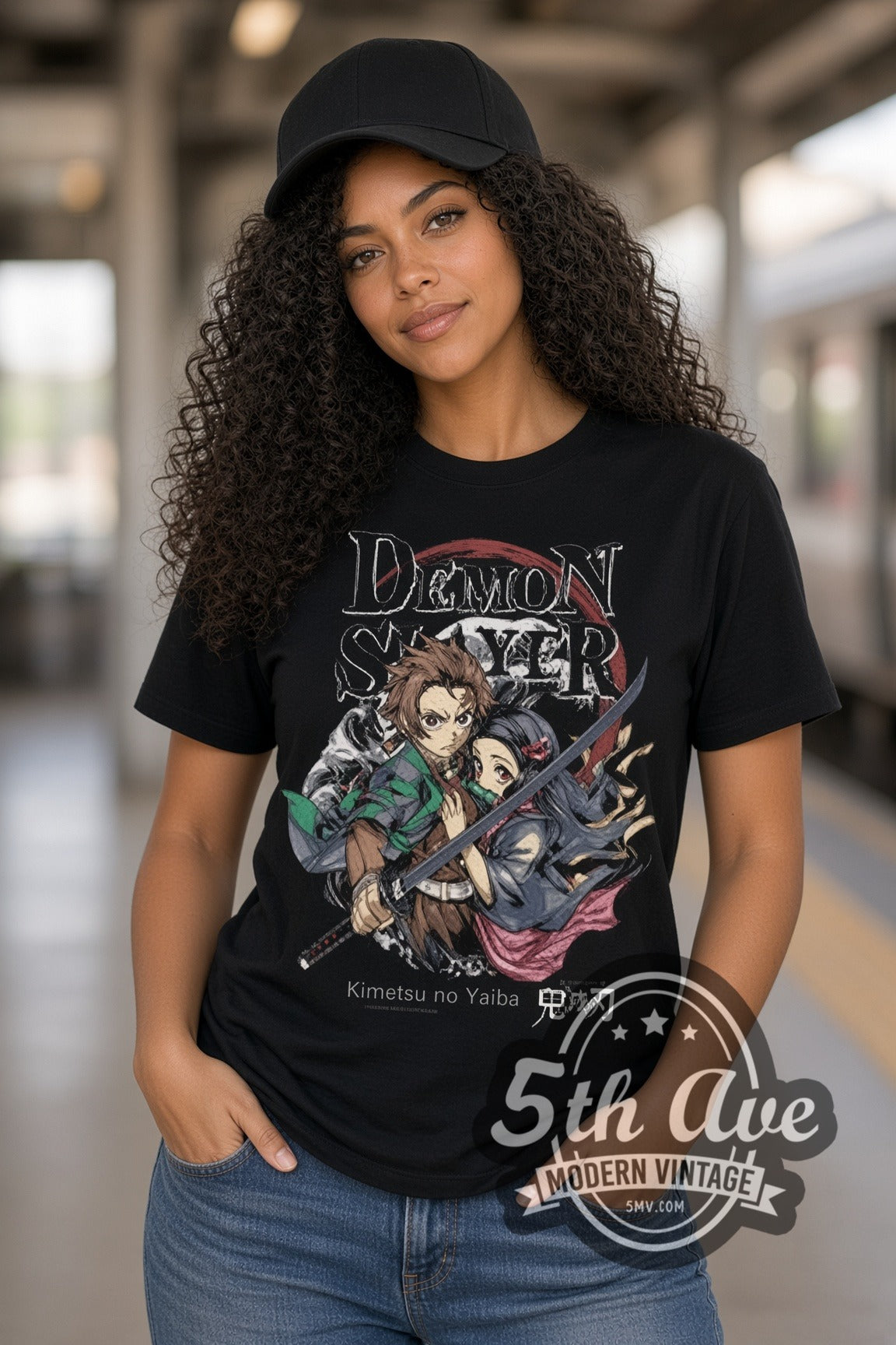 Woman wearing Demon Slayer Tanjiro and Nezuko double stitched black graphic tee