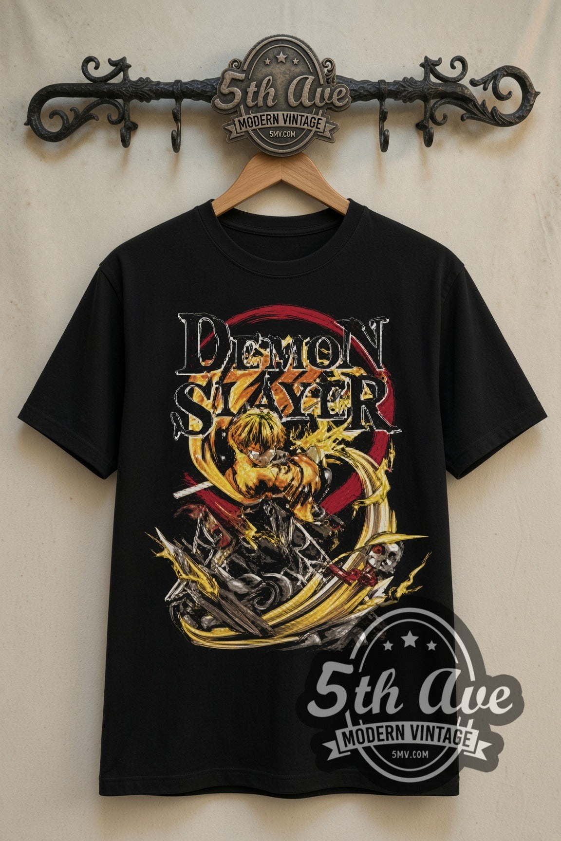 Demon Slayer Zenitsu Thunder Breathing double stitched black tee front on dark iron 5th Ave rack