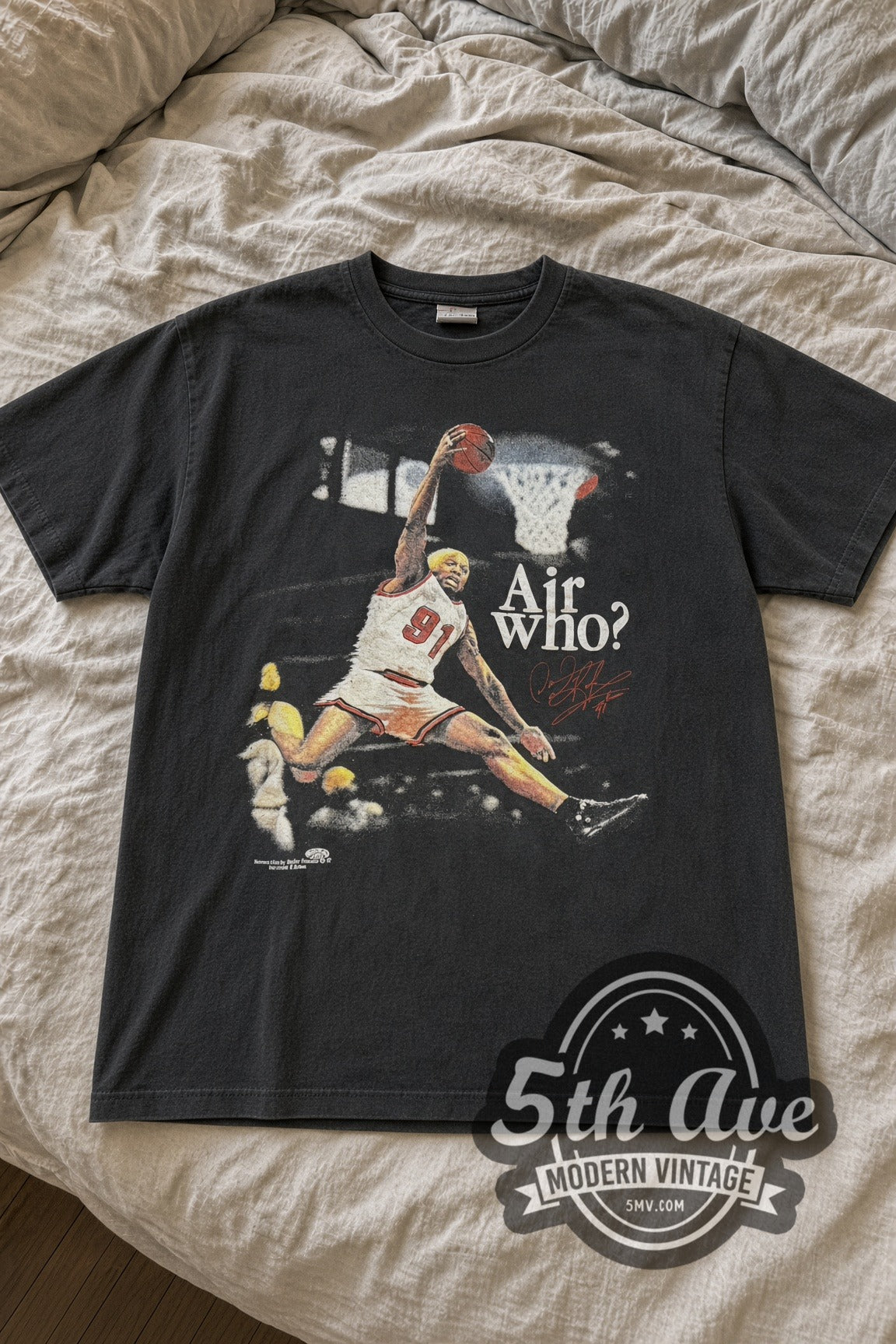 Dennis Rodman Air Who? #91 Bulls Dunk vintage basketball tee laid flat