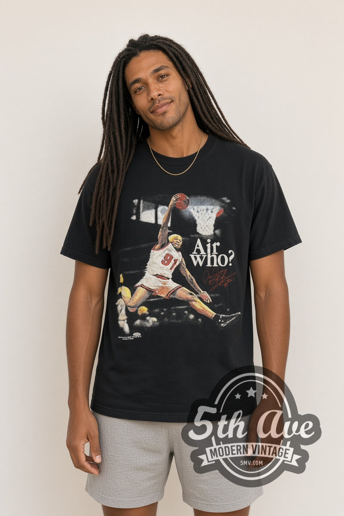 Model wearing Dennis Rodman Air Who? #91 Bulls Dunk vintage basketball tee