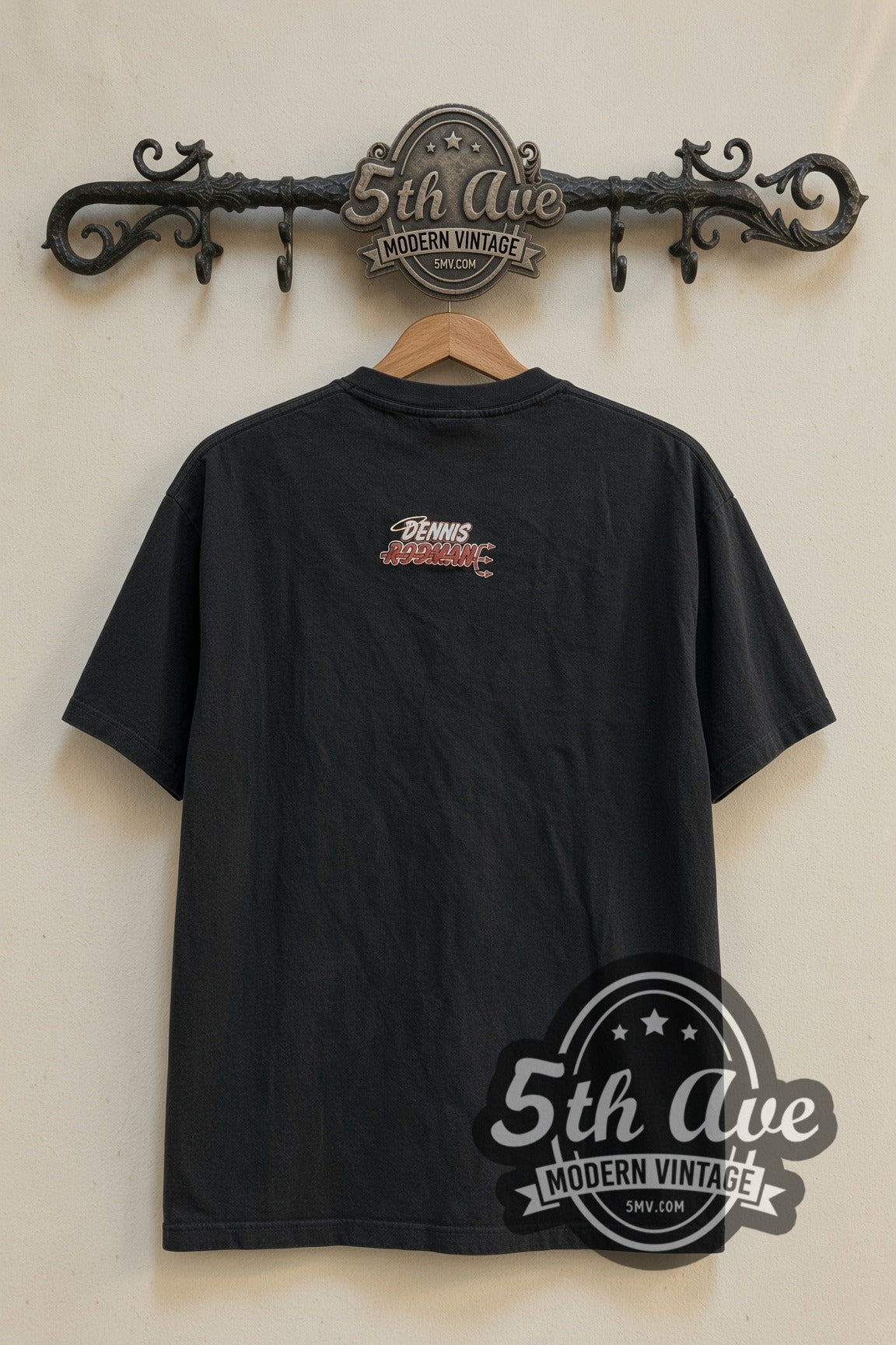 Dennis Rodman Air Who? #91 Bulls Dunk vintage graphic t-shirt, back view on a display rack