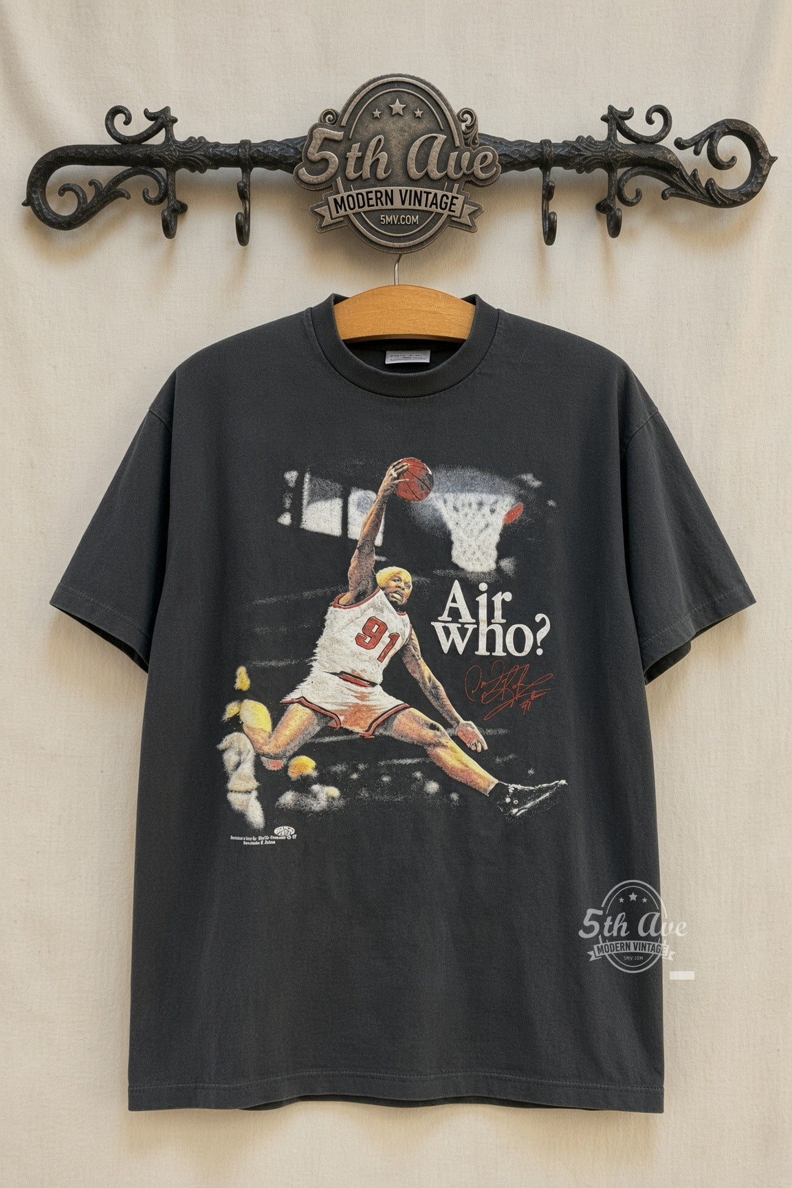 Dennis Rodman Air Who? #91 Bulls Dunk vintage graphic tee front on cream 5th Ave rack