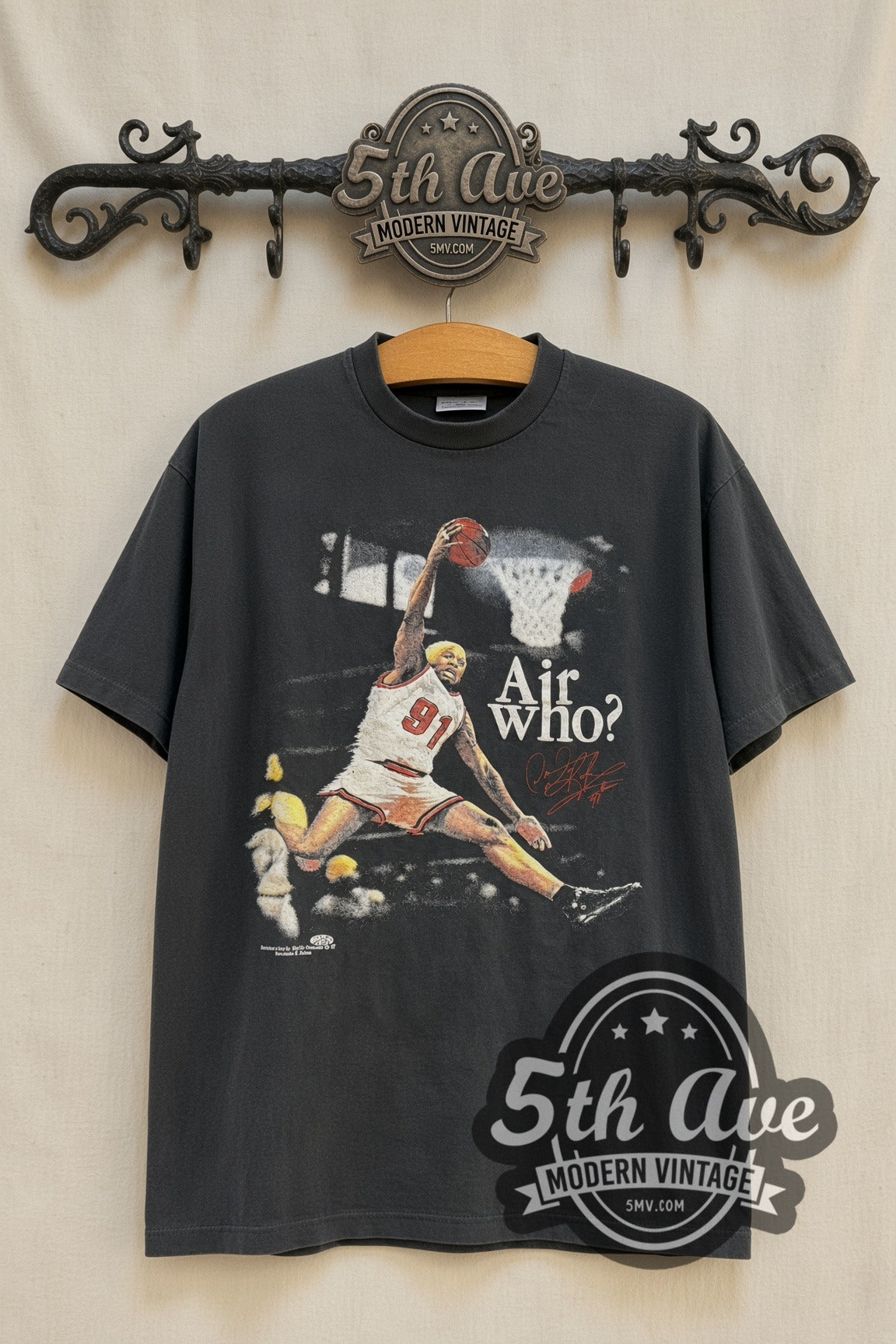 Dennis Rodman Air Who? #91 Bulls Dunk vintage graphic t-shirt, front view on a display rack