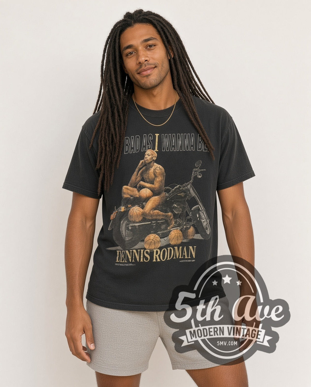 Model wearing the Dennis Rodman Bad As I Wanna Be vintage basketball t-shirt