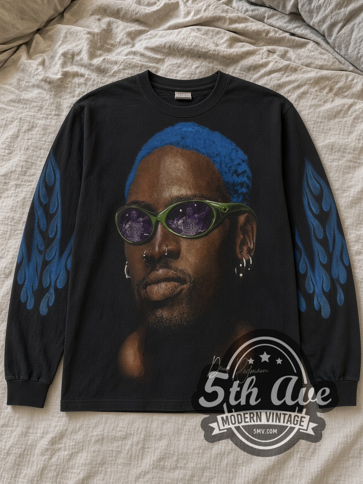 Dennis Rodman Just For Rodman Blue Hair Flames vintage basketball long sleeve tee laid flat