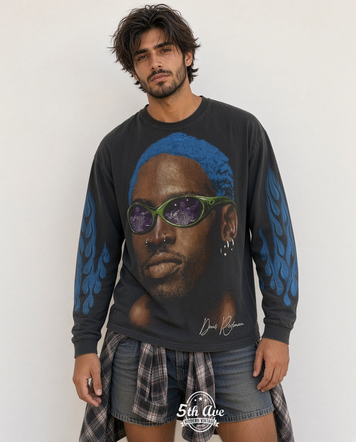 Model wearing Dennis Rodman Just For Rodman Blue Hair Flames LS vintage t-shirt