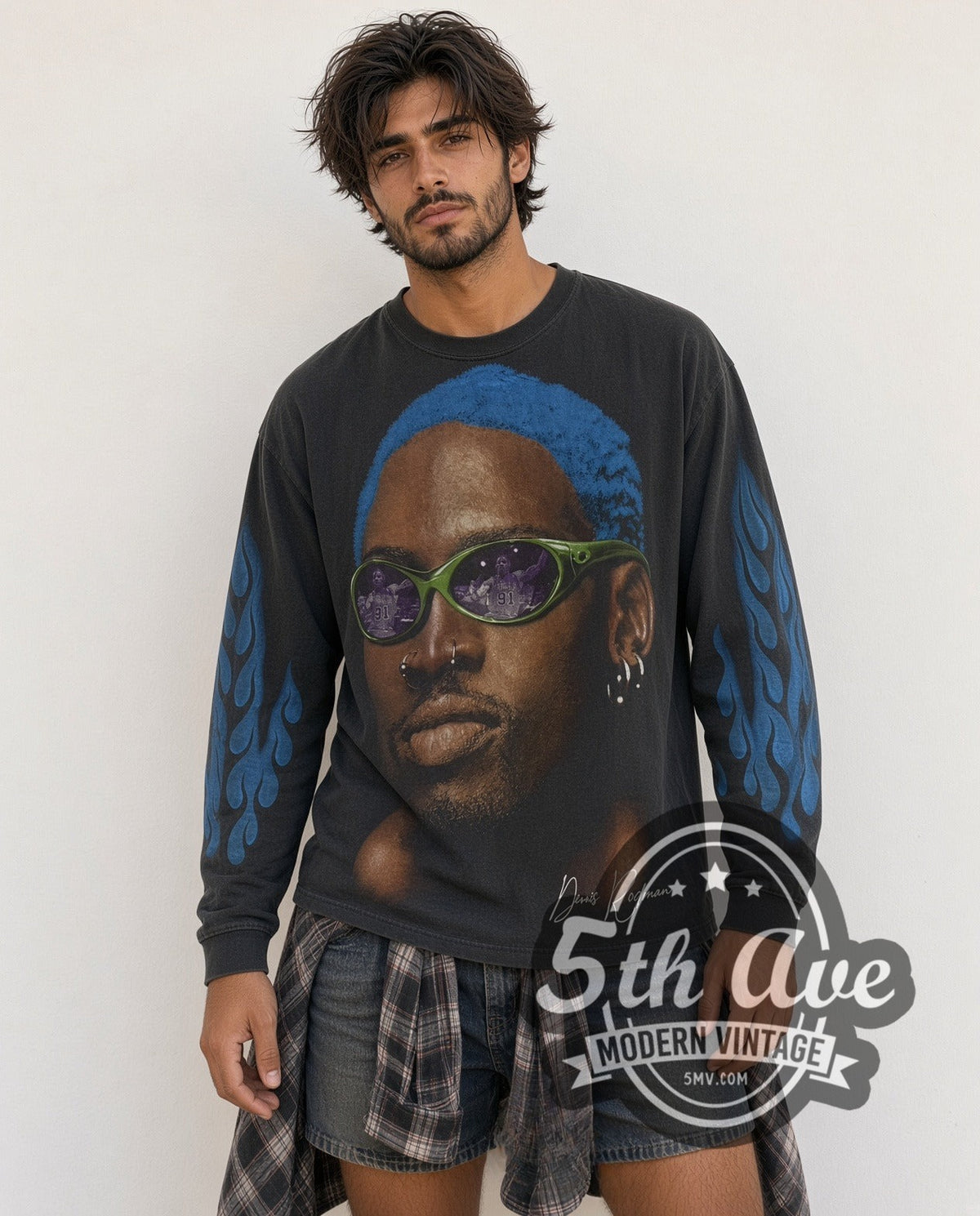 Model wearing the Dennis Rodman Just For Rodman Blue Hair Flames vintage basketball long sleeve t-shirt