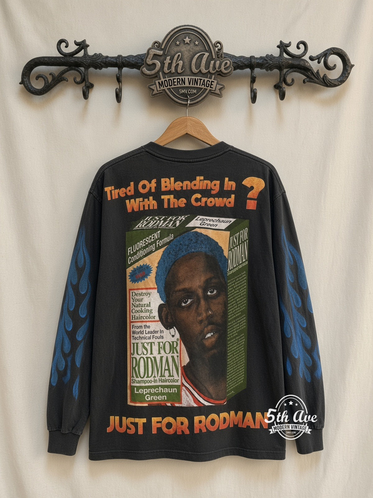 Dennis Rodman Just For Rodman Blue Hair Flames LS vintage t-shirt back on rack