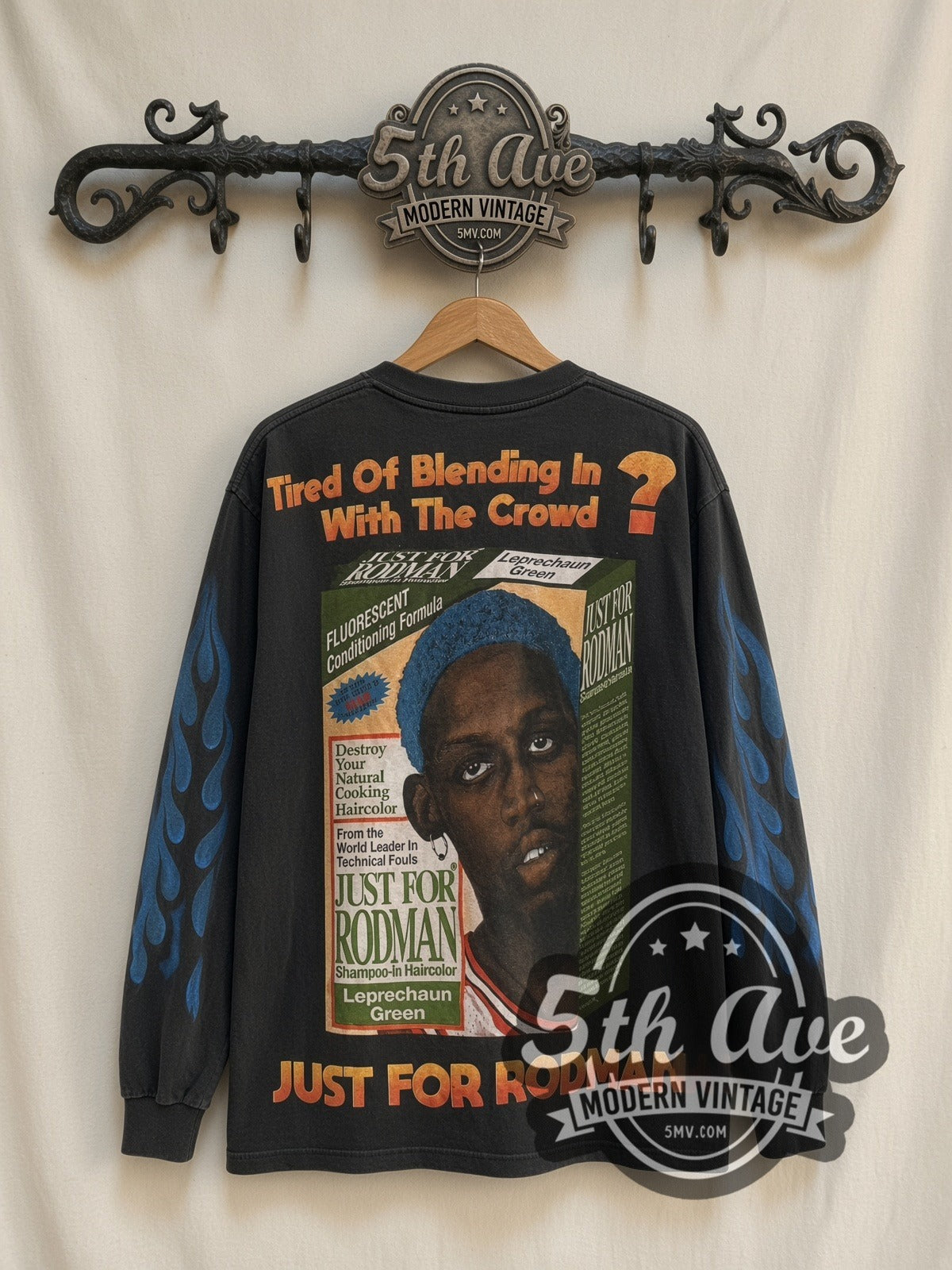 Dennis Rodman Just For Rodman Blue Hair Flames vintage graphic long sleeve t-shirt, back view on a display rack