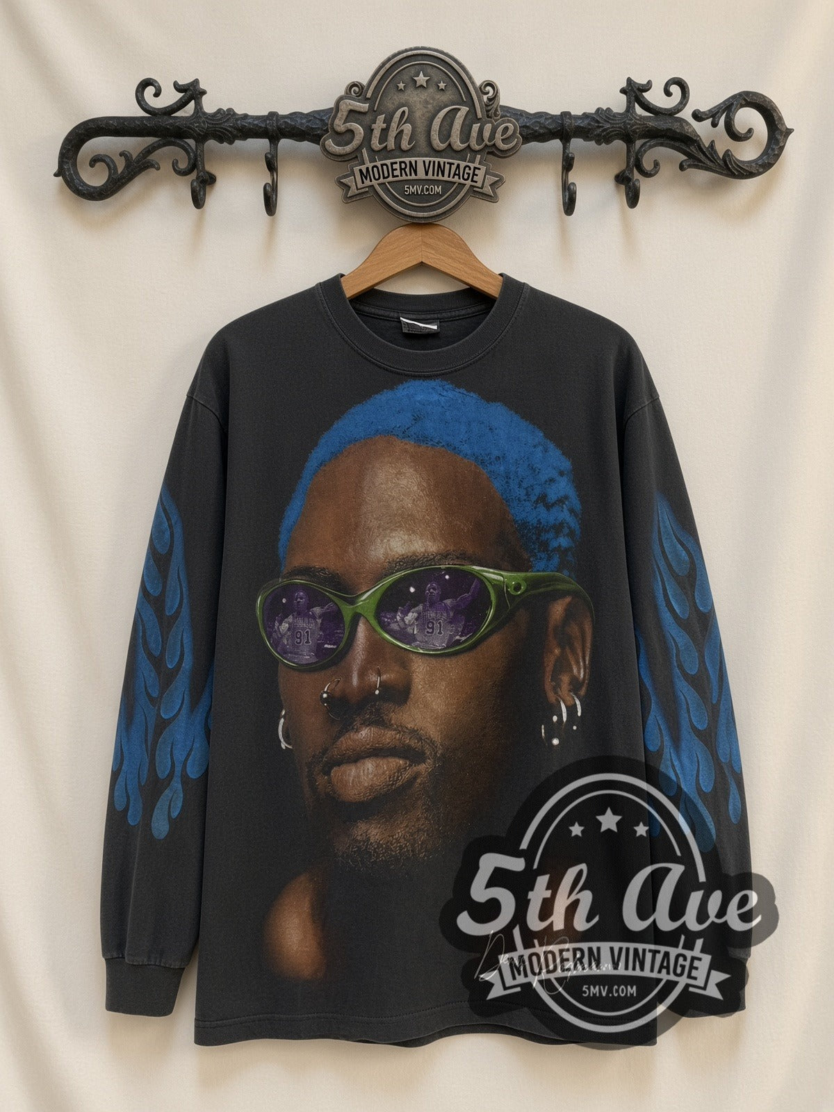 Dennis Rodman Just For Rodman Blue Hair Flames vintage graphic long sleeve t-shirt, front view on a display rack