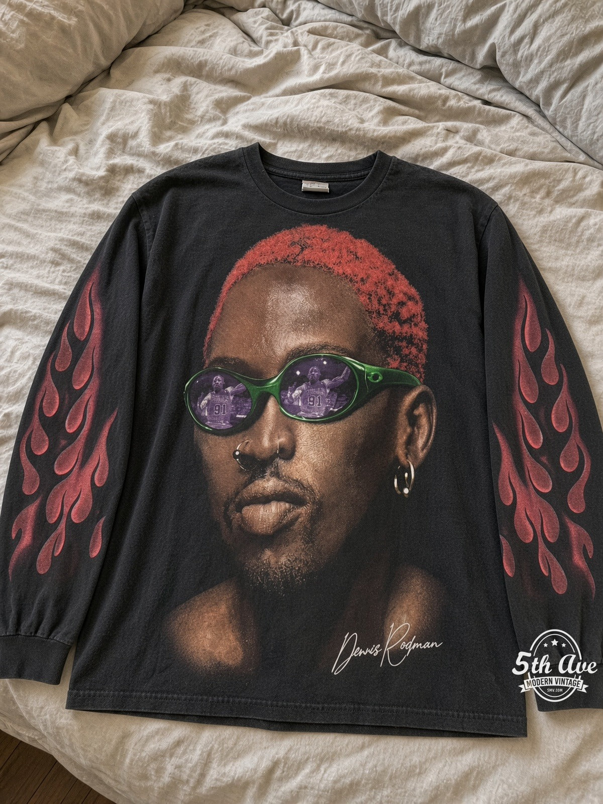 Dennis Rodman Just For Rodman Red Hair Flames LS vintage tee laid on bed