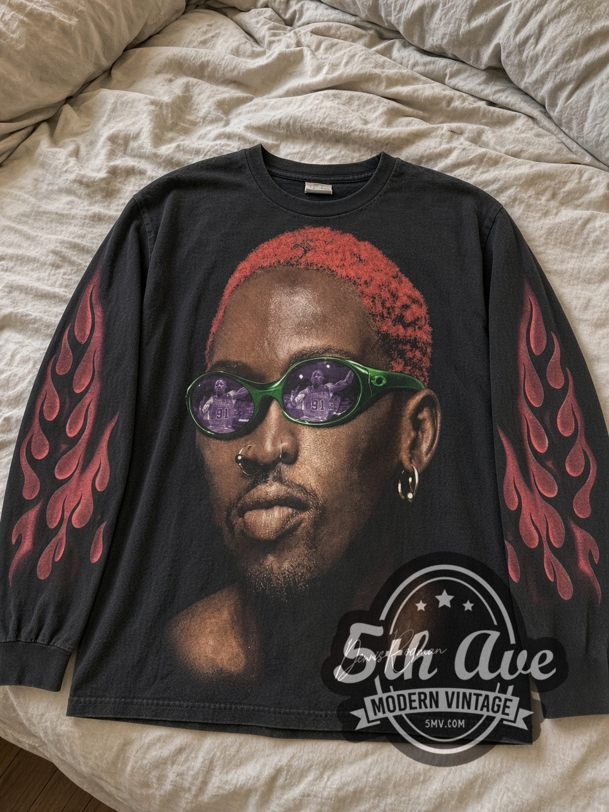 Dennis Rodman Just For Rodman Red Hair Flames vintage basketball long sleeve tee laid flat