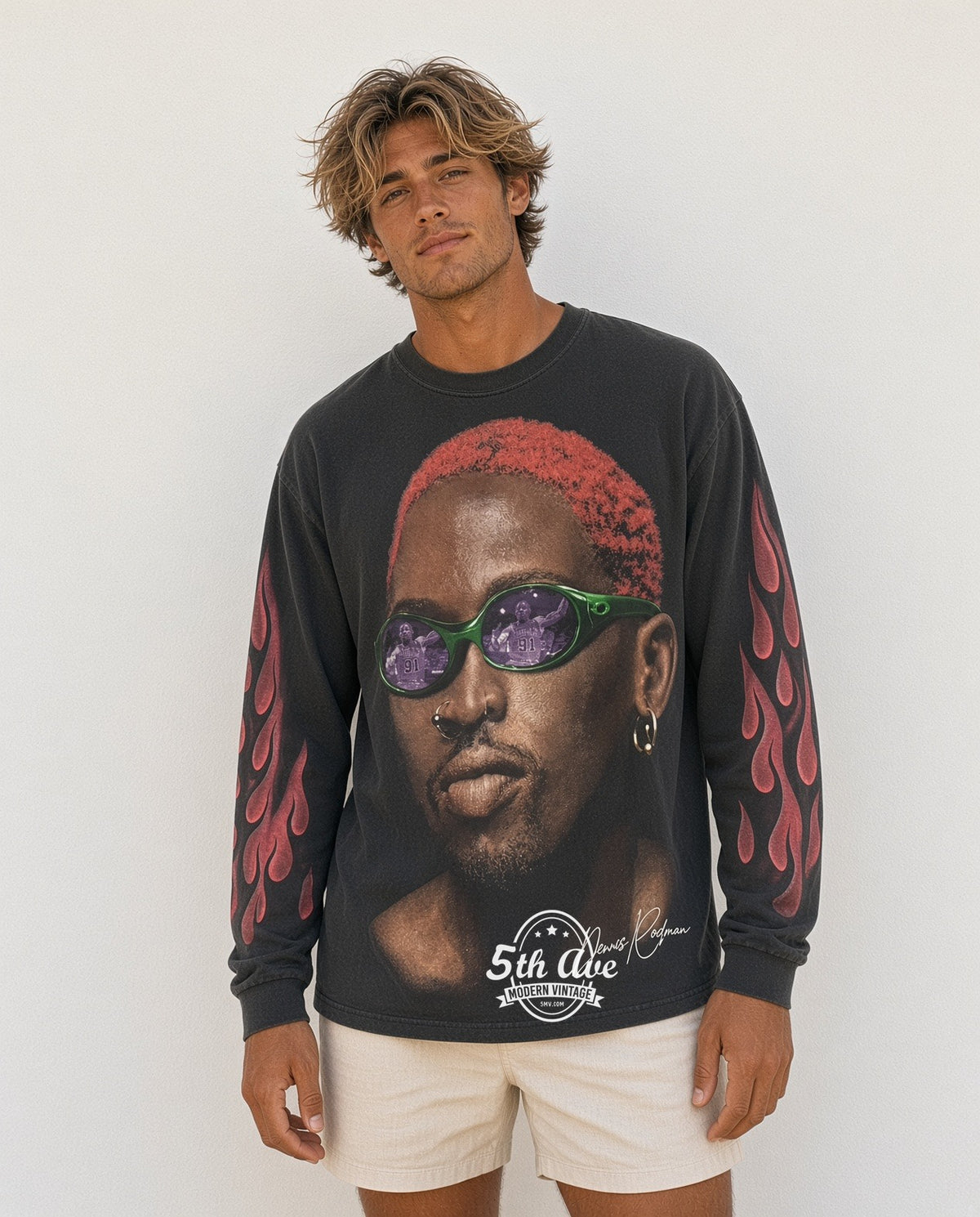 Model wearing Dennis Rodman Just For Rodman Red Hair Flames LS vintage t-shirt