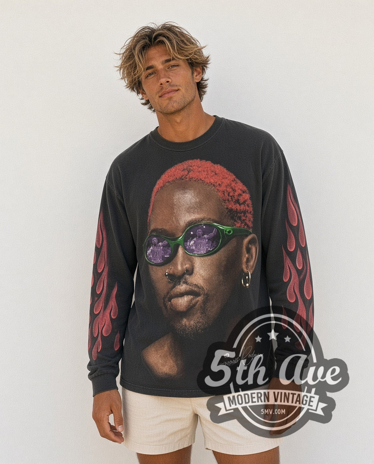 Model wearing the Dennis Rodman Just For Rodman Red Hair Flames vintage basketball long sleeve t-shirt