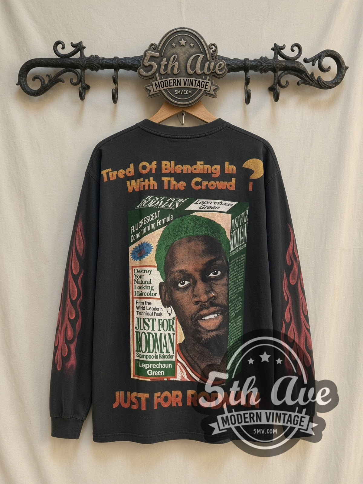 Dennis Rodman Just For Rodman Red Hair Flames vintage graphic long sleeve t-shirt, back view on a display rack