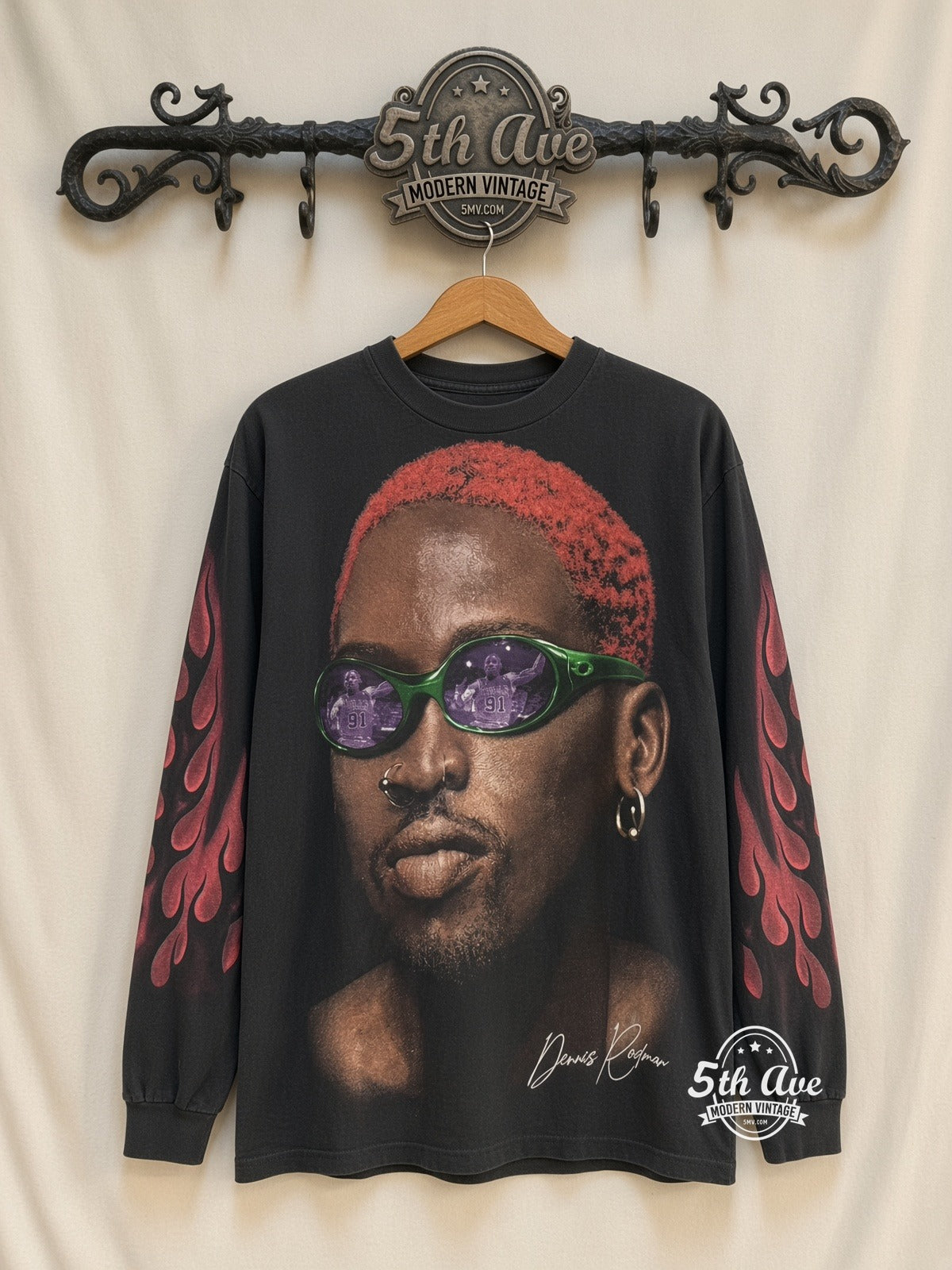 Dennis Rodman Just For Rodman Red Hair Flames LS vintage t-shirt on rack
