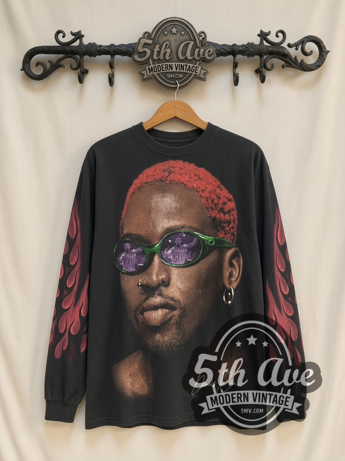 Dennis Rodman Just For Rodman Red Hair Flames vintage graphic long sleeve t-shirt, front view on a display rack