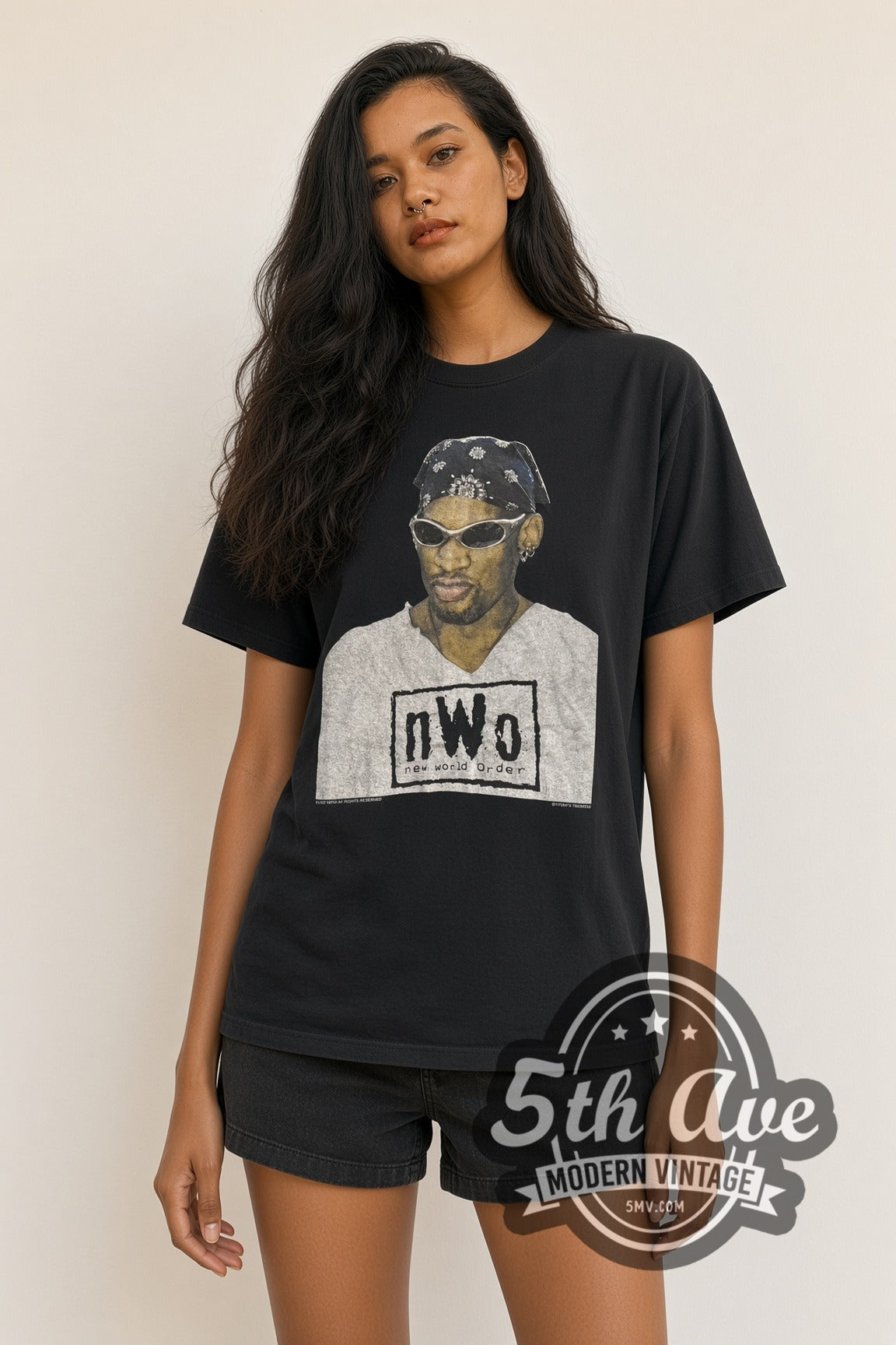 Model wearing Dennis Rodman nWo New World Order Bandana vintage basketball tee