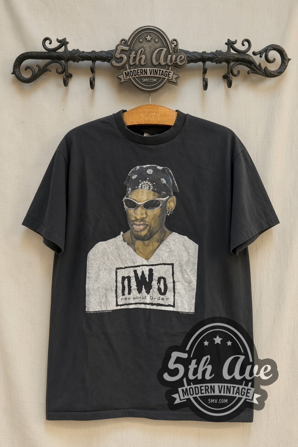 Dennis Rodman nWo New World Order Bandana vintage graphic t-shirt, front view on a display rack