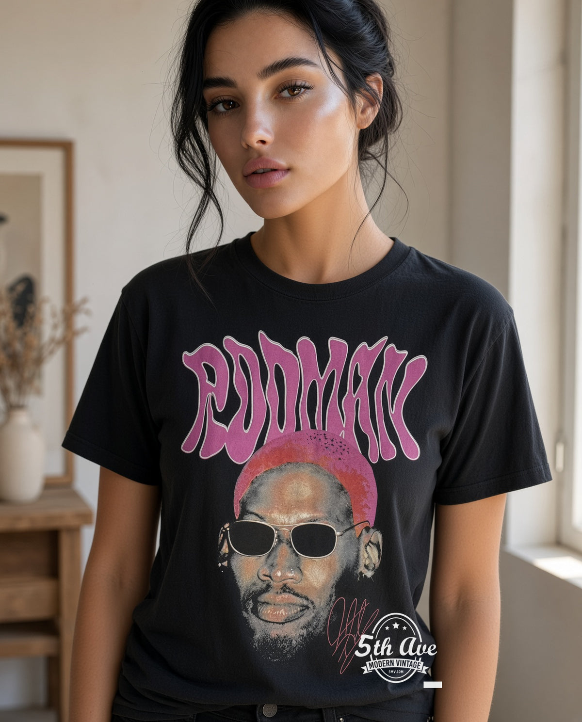 Model wearing Dennis Rodman Pink Hair The Worm 91 vintage band tee