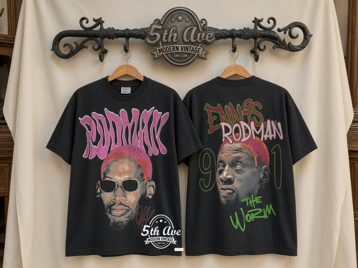 Dennis Rodman Pink Hair The Worm 91 vintage band t-shirt on rack