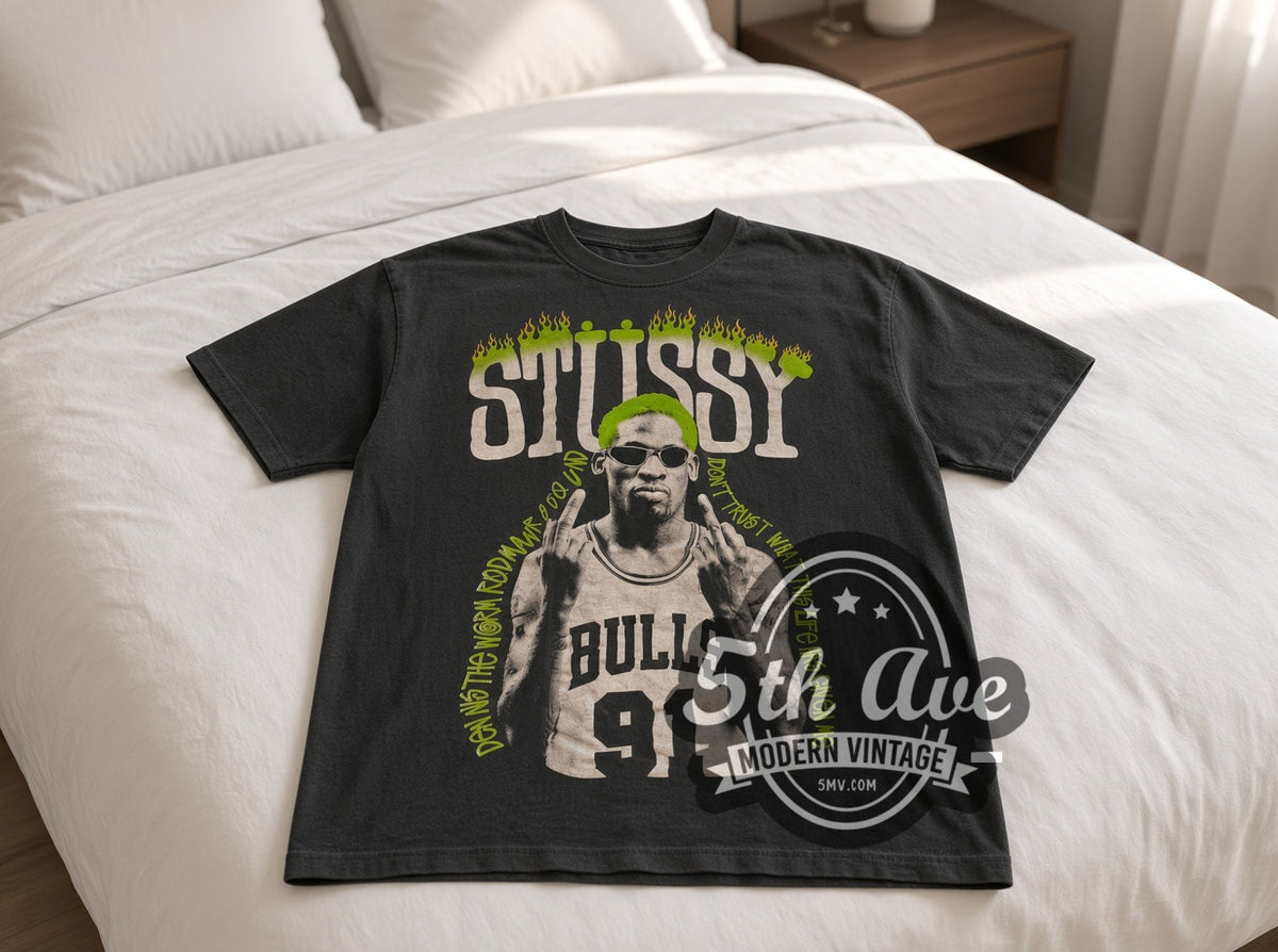 Dennis Rodman x Stussy Neon Green The Worm vintage basketball tee laid flat