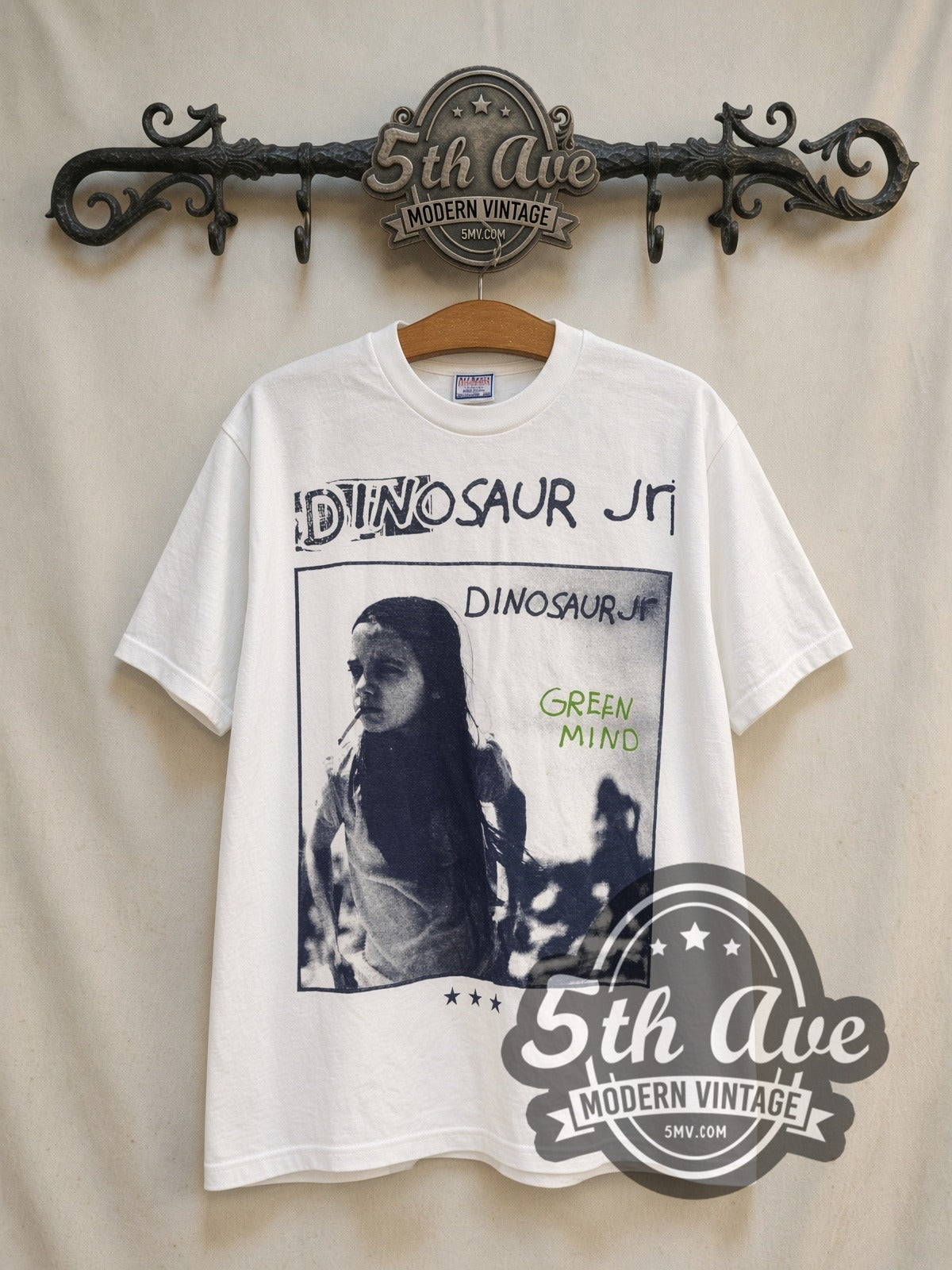 Dinosaur Jr Green Mind Cover Photo White vintage band t-shirt, front view on a display rack