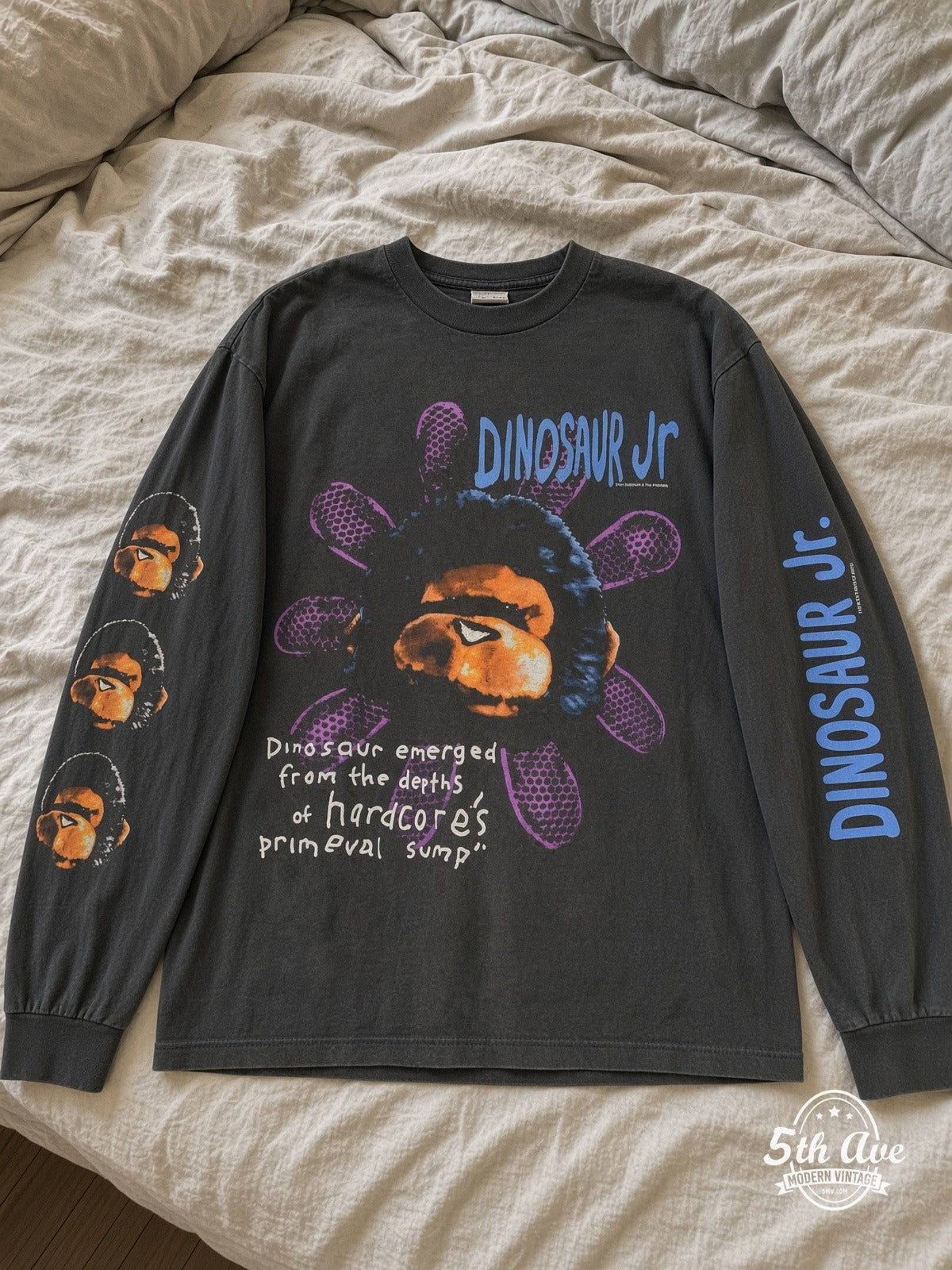 Dinosaur Jr Monkey Flower Hardcore Swamp vintage tee laid on bed