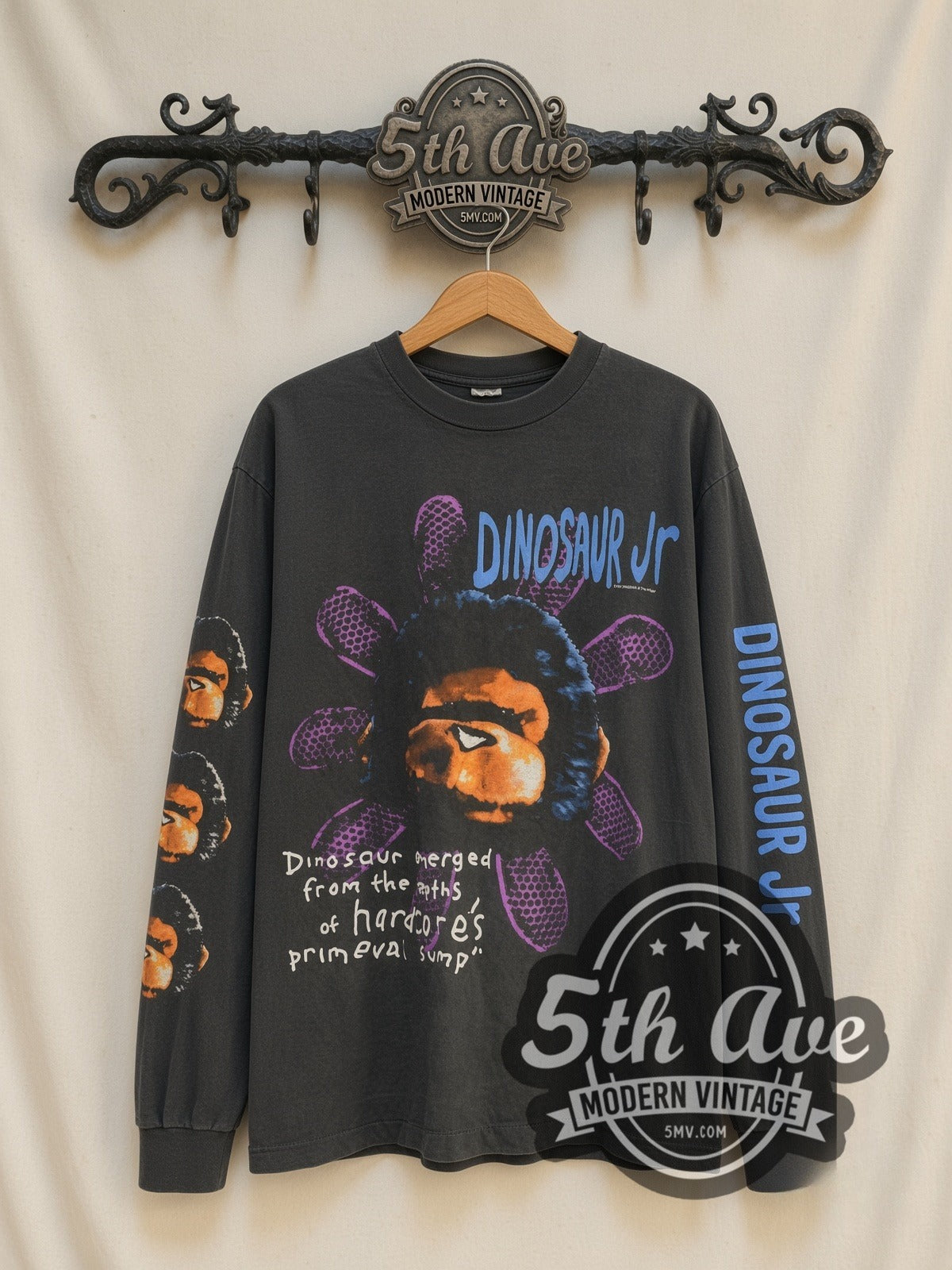 Dinosaur Jr Monkey Flower vintage band long sleeve t-shirt, front view on a display rack