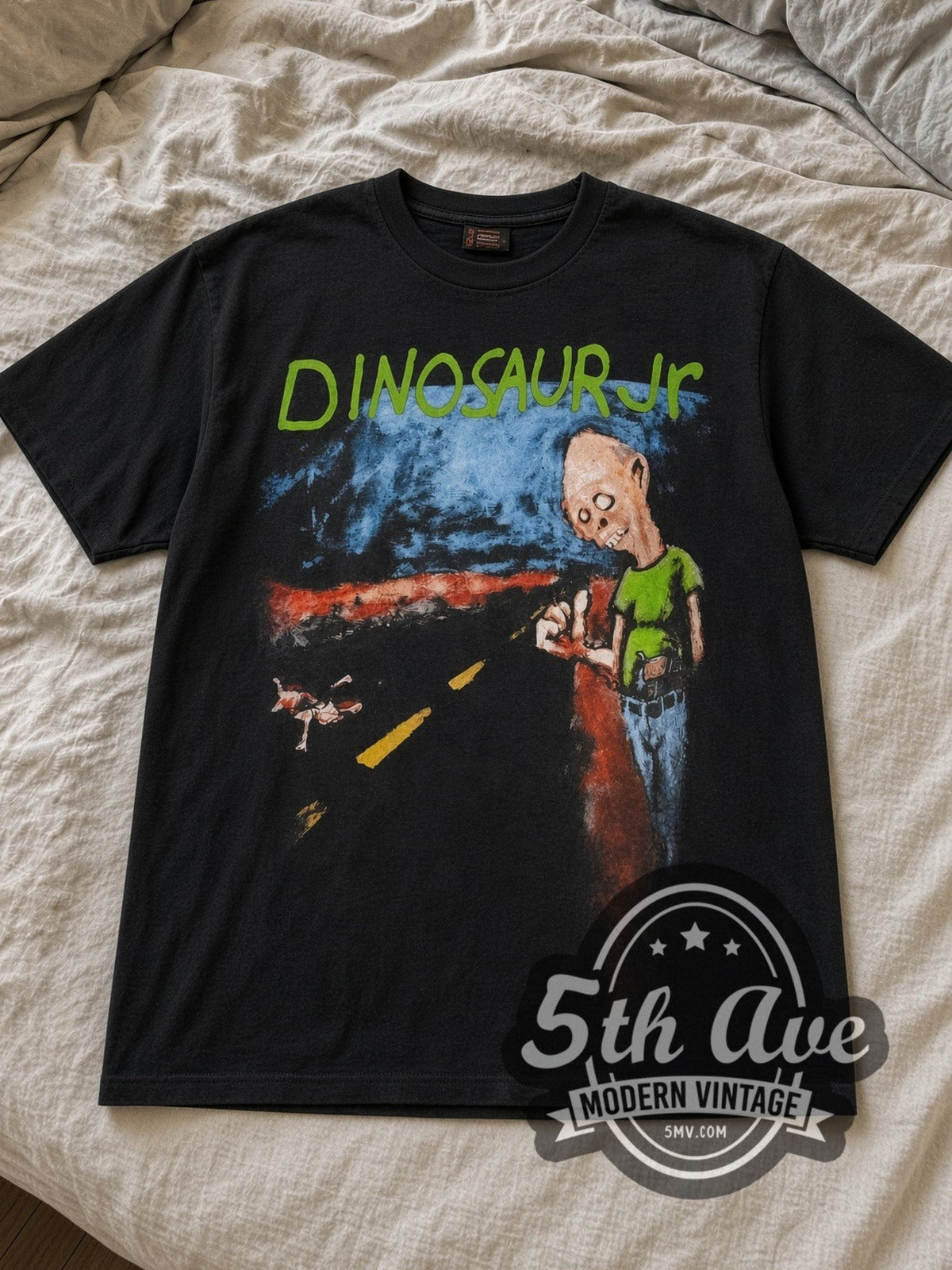 Black Dinosaur Jr. Where You Been US UK Netherlands tour 1993 Vintage Band T-Shirt laid flat on a linen bed