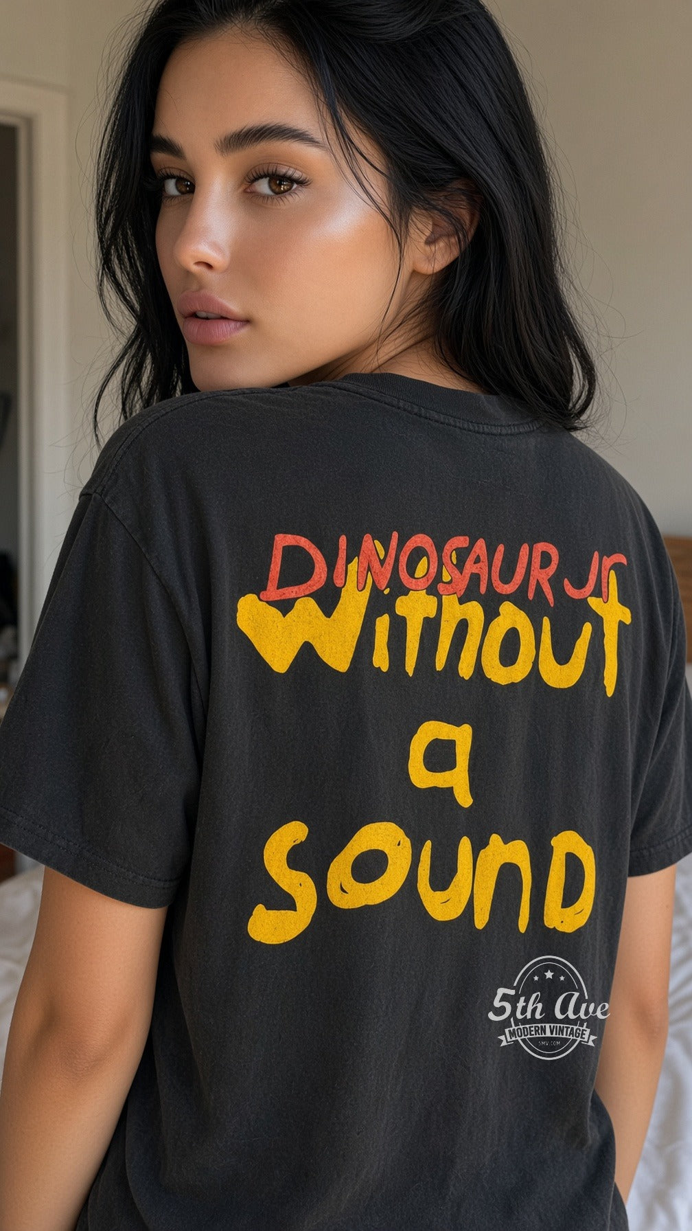Model wearing Dinosaur Jr Without a Sound Yellow Back vintage band tee