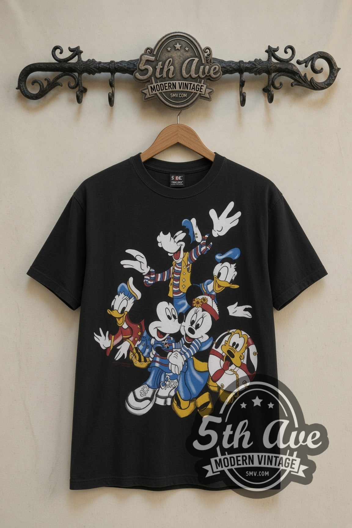Disney Mickey Friends Nautical Group cartoon tee in black, front view on a display rack