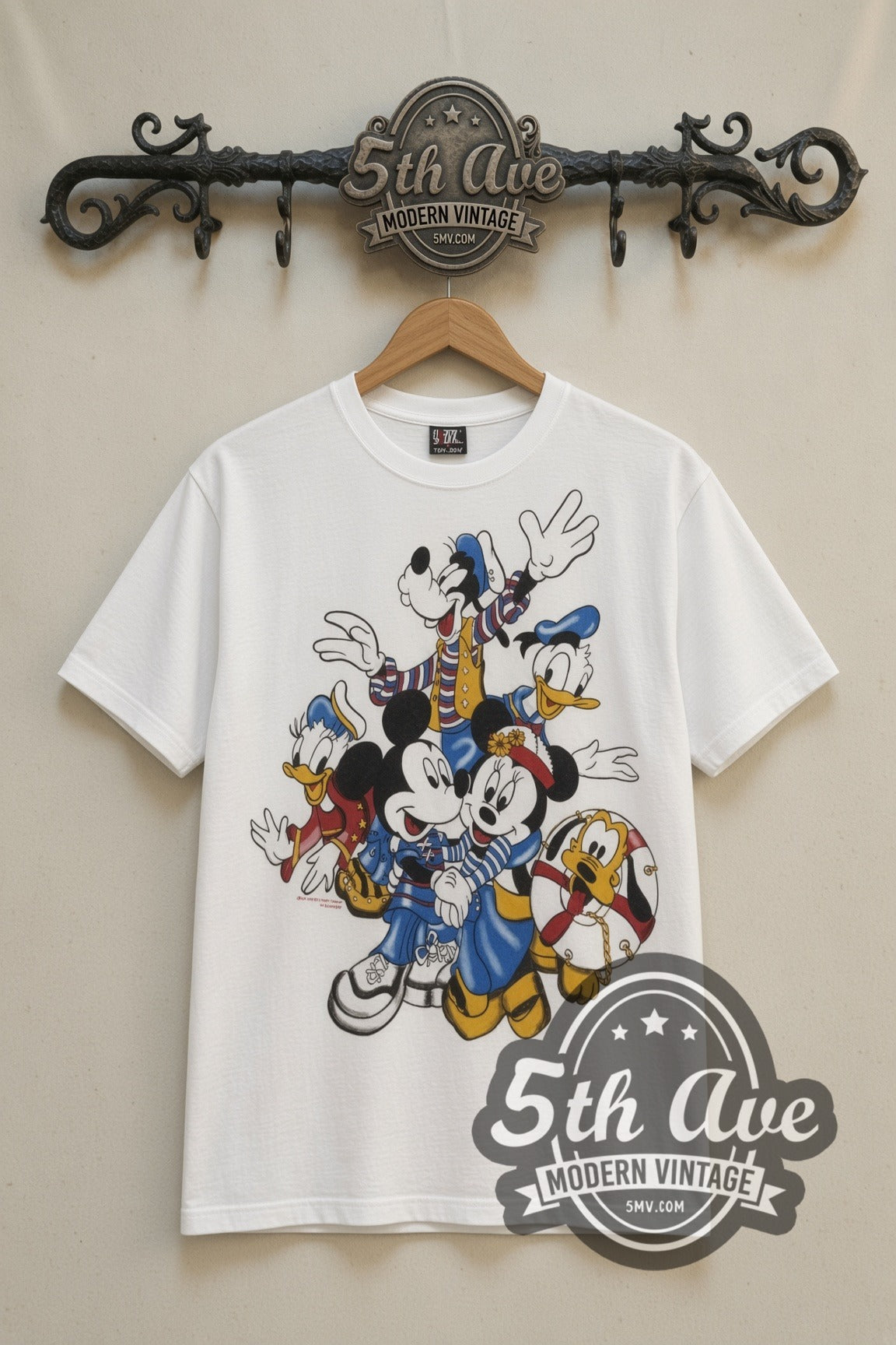 Disney Mickey Friends Nautical Group cartoon tee in white, front view on a display rack