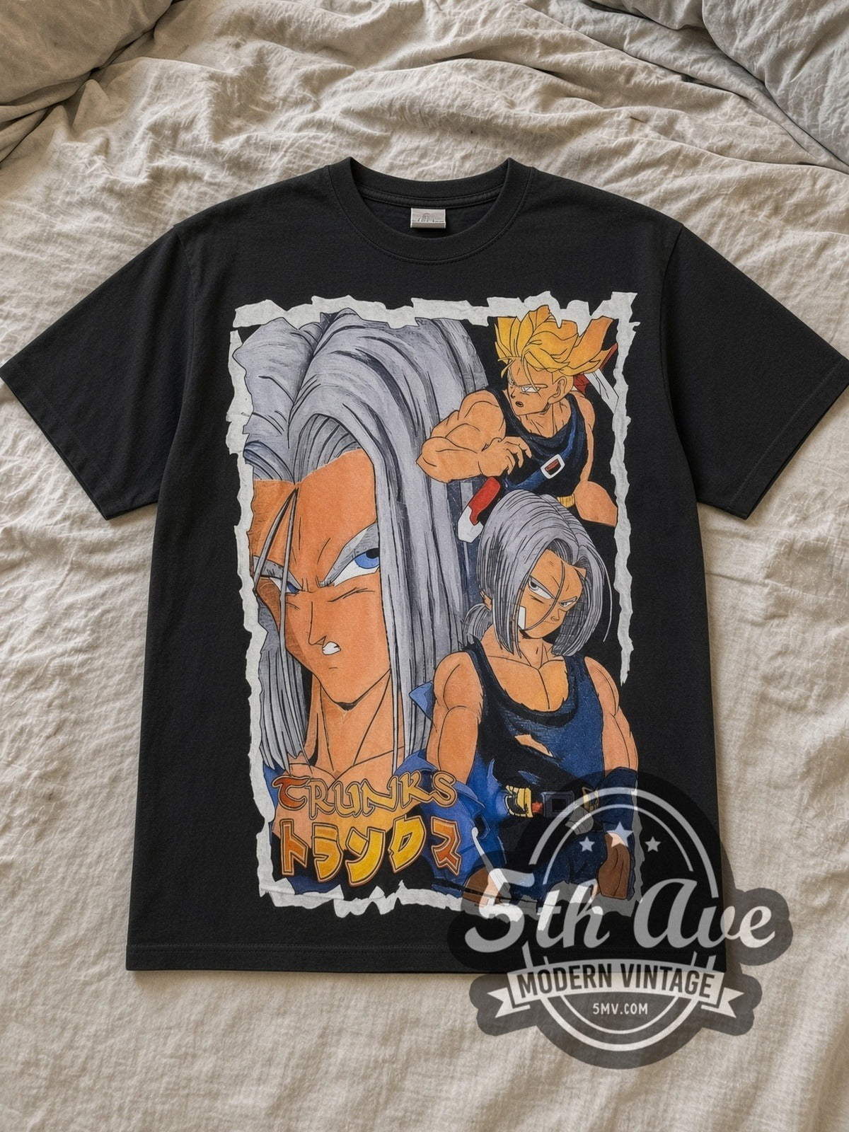 Black Dragon Ball Z Future Trunks All Over Print Vintage Anime T-Shirt laid flat on a linen bed