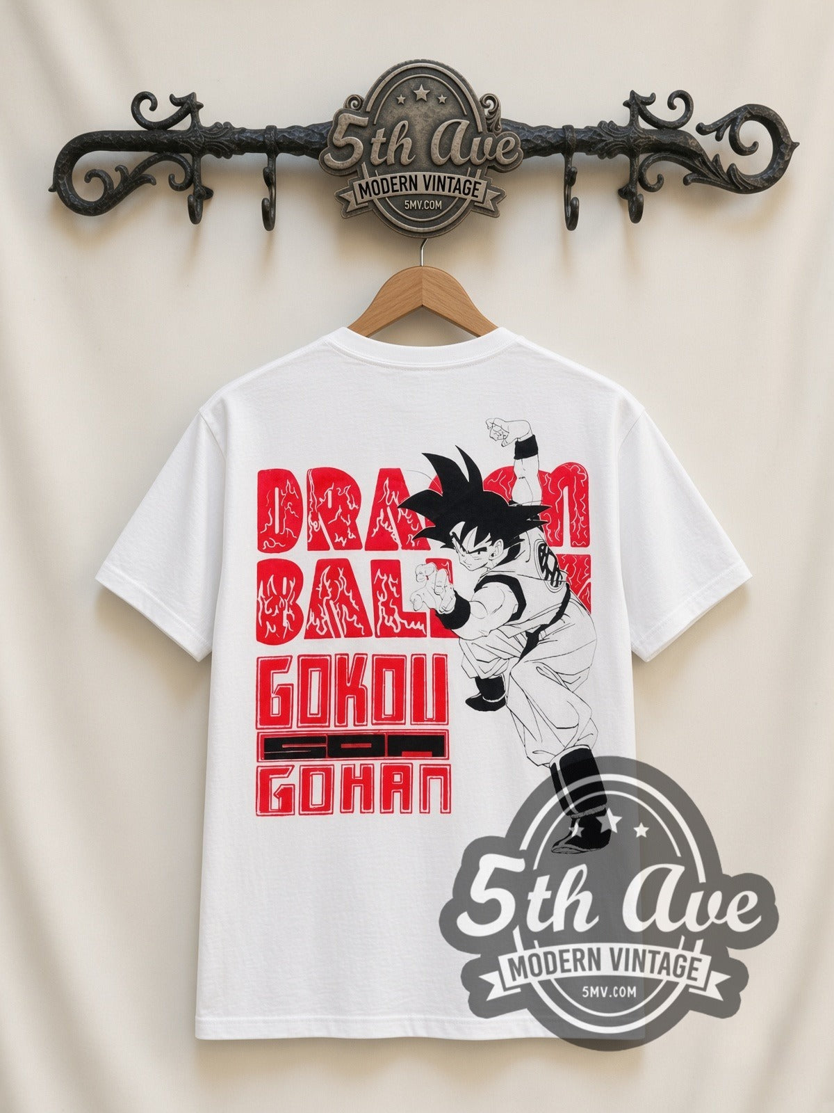 Dragon Ball Z Goku Super Saiyan Forms all-over-print vintage graphic t-shirt in white, back view on a display rack