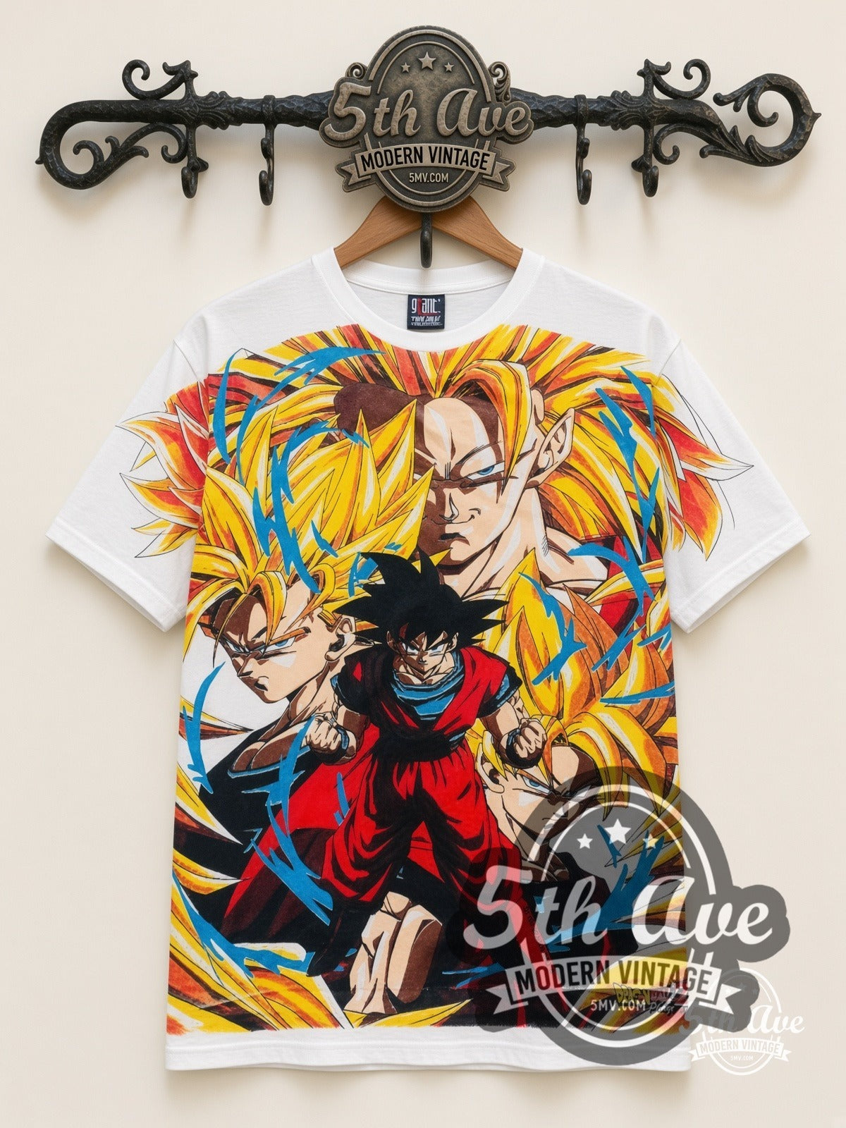 Dragon Ball Z Goku Super Saiyan Forms all-over-print vintage graphic t-shirt in white, front view on a display rack