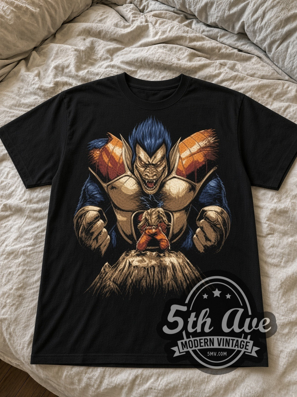Dragon Ball Z Vegeta Great Ape Transformation black graphic tee laid flat on linen bed