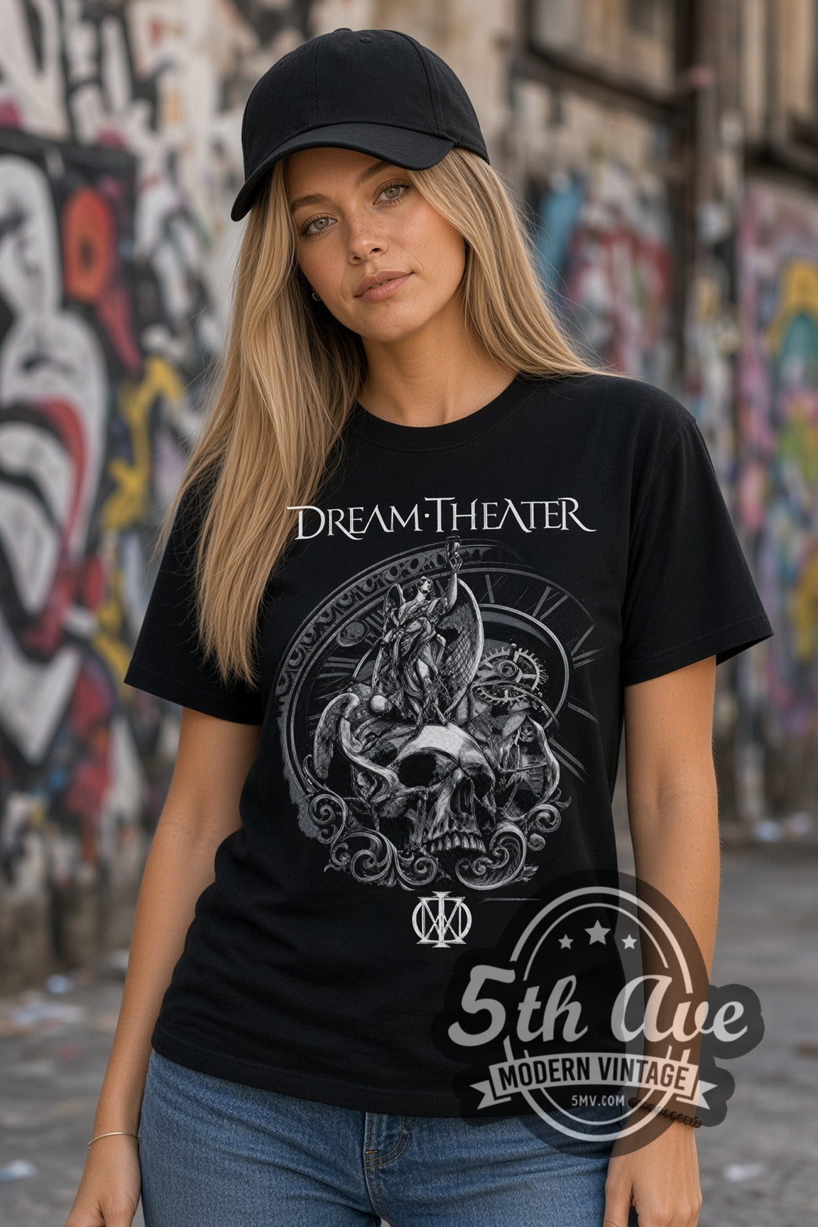 Woman wearing Dream Theater Skull and Clockwork double stitched black graphic tee