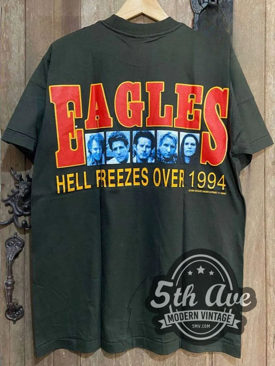 Eagles Hotel California Tribute vintage band tee hanging on a hanger