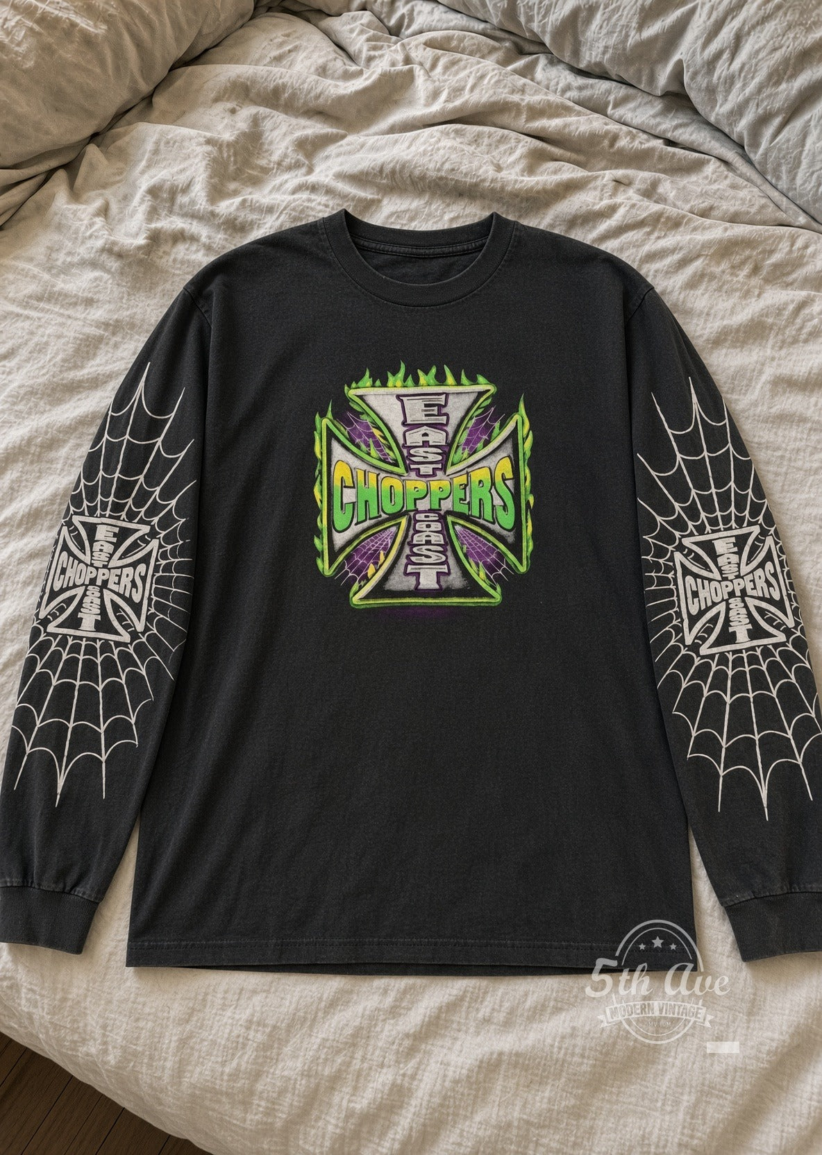 East Coast Choppers Green Flame Iron Cross Spiderweb Long Sleeve vintage motorsports tee laid flat on bed