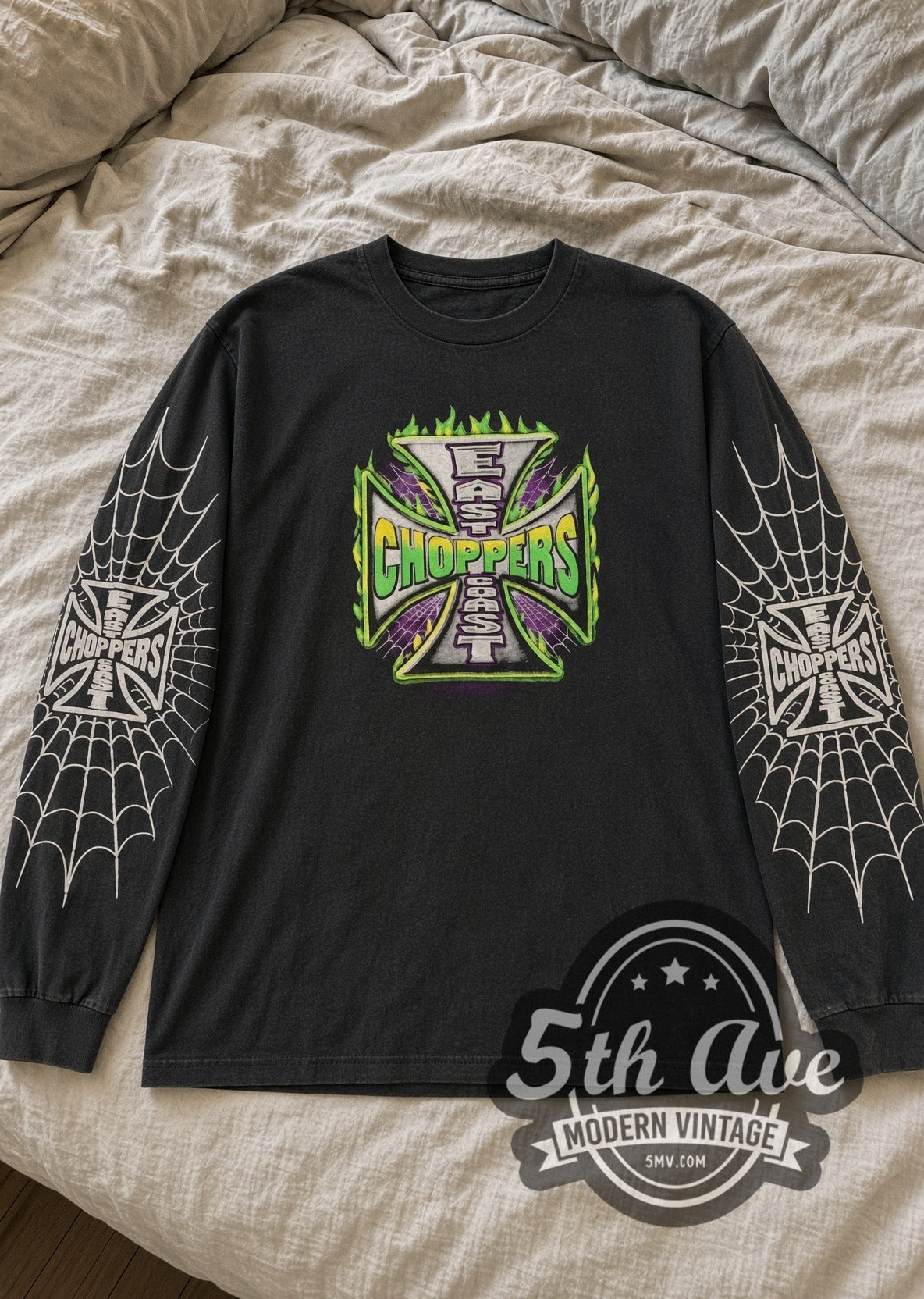 East Coast Choppers Green Flame Iron Cross Spiderweb vintage biker long sleeve tee laid flat on bed