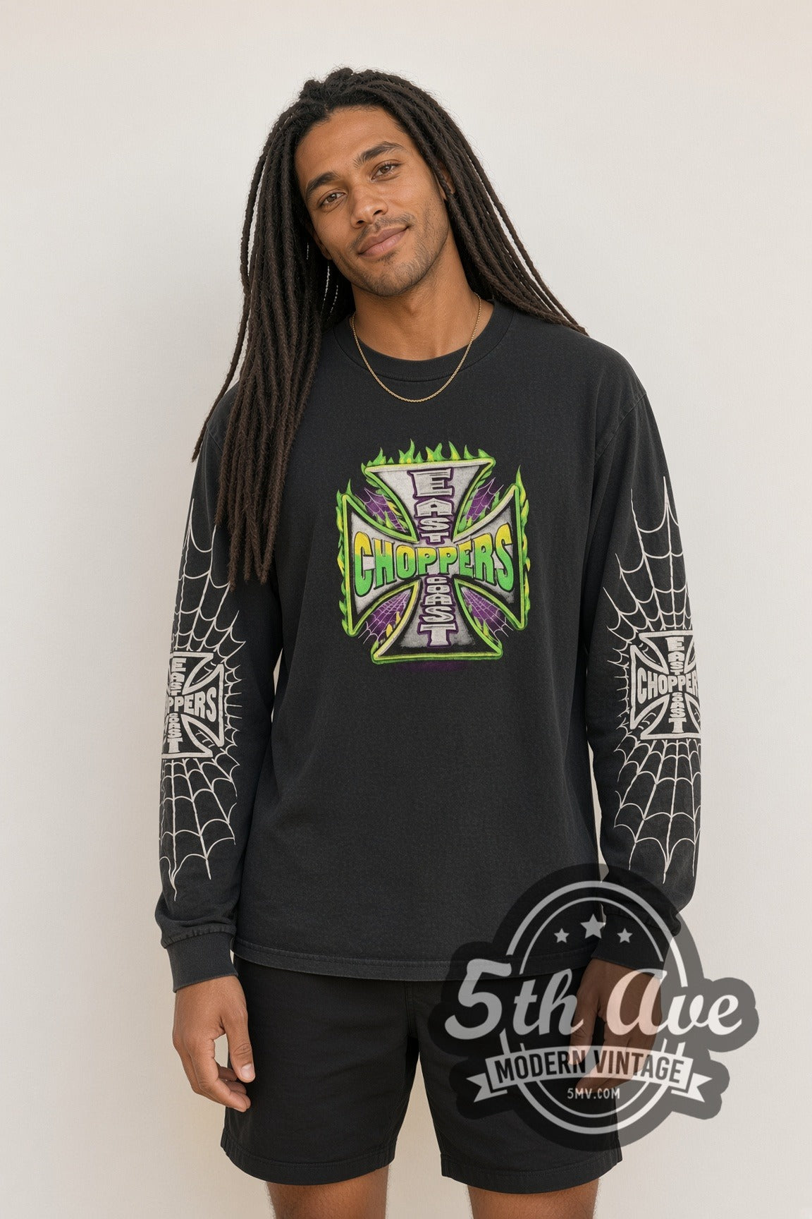 Model wearing East Coast Choppers Green Flame Iron Cross Spiderweb vintage biker long sleeve tee