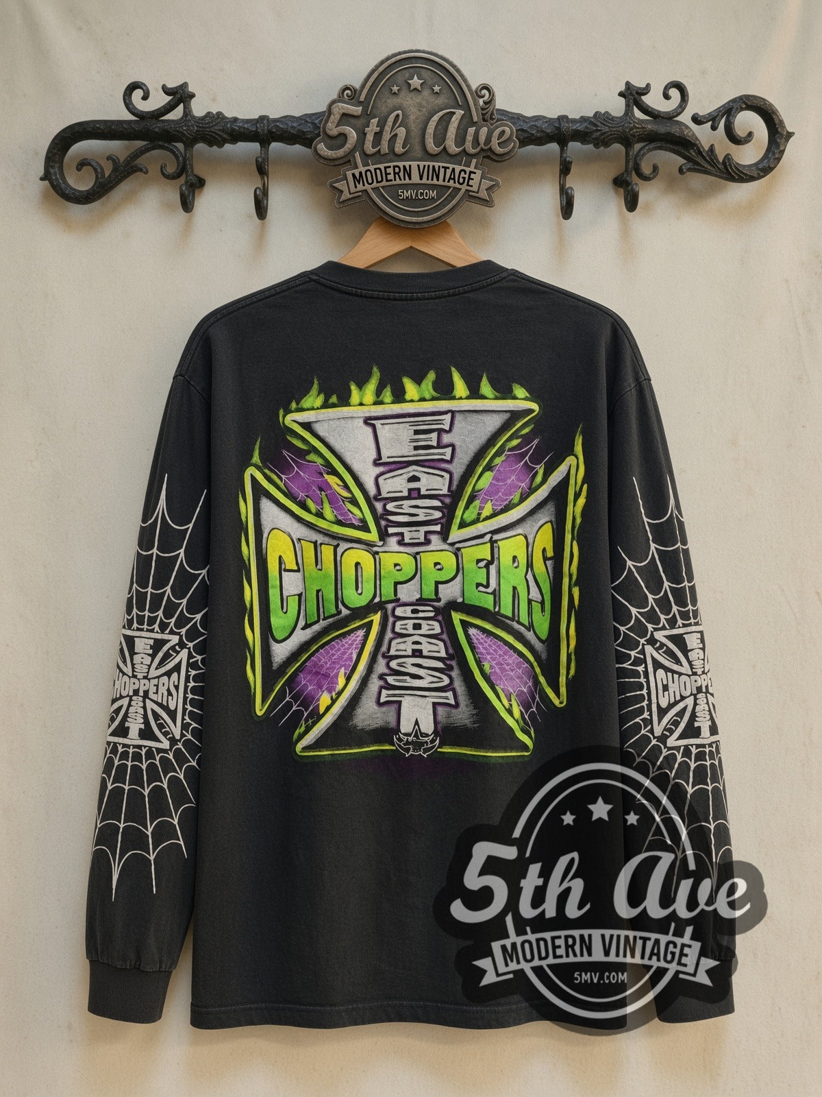 East Coast Choppers Green Flame Iron Cross Spiderweb vintage biker long sleeve tee back on cream 5th Ave rack
