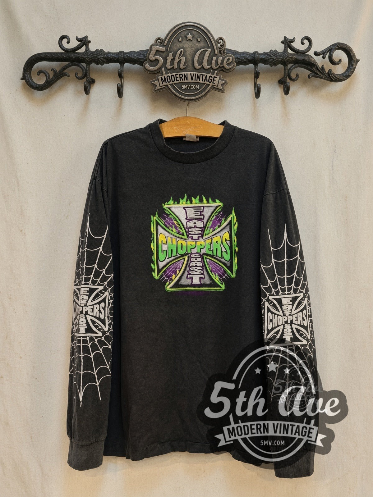 East Coast Choppers Green Flame Iron Cross Spiderweb vintage biker long sleeve tee front on cream 5th Ave rack