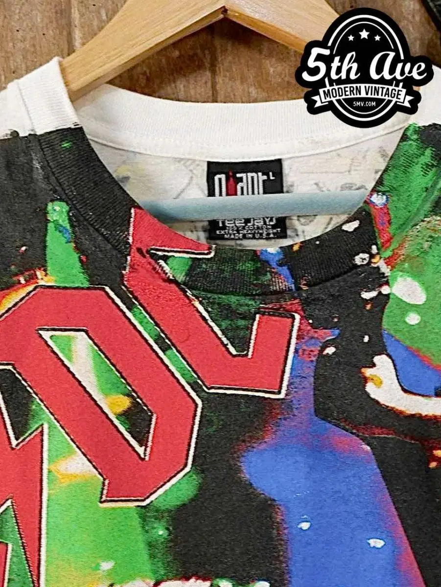 Electrifying Energy: AC/DC All Over Print Single Stitch White t shirt - Vintage Band Shirts